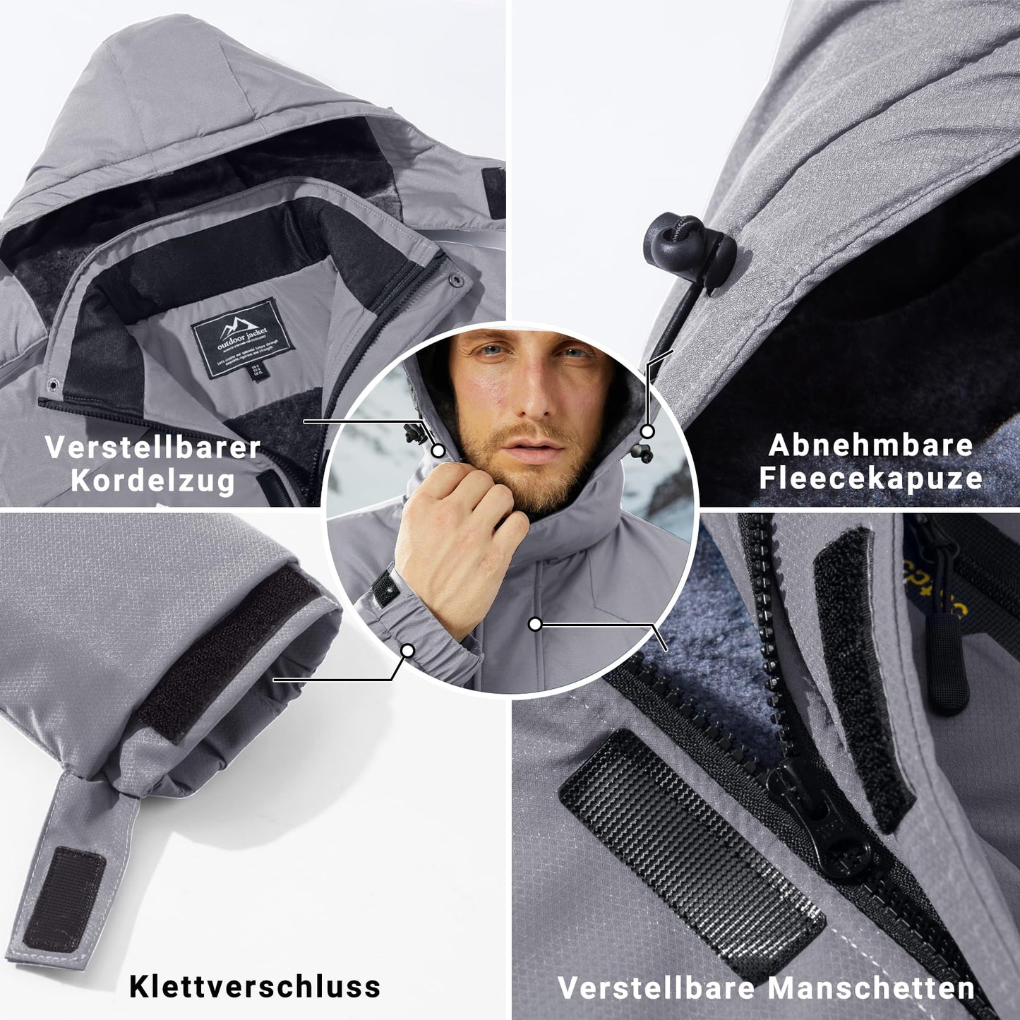 KEFITEVD Herren Skijacke Atmungsaktiv Warm Gefüttert Winterjacke mit Abnehmbarer Kapuze Snowboardjacke Wasserdicht Outdoorjacke