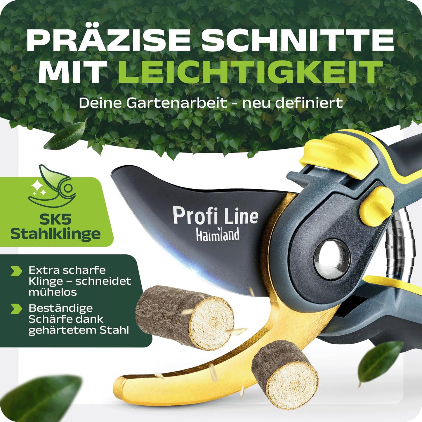 ELB halmland® Premium Gartenschere mit scharfer SK5 Stahlklinge | Astschere, Pflanzenschere | schneidet Äste bis 20mm Durchmesser | Teflon-Antihaftbeschichtung | für große & kleine Hände | Grün