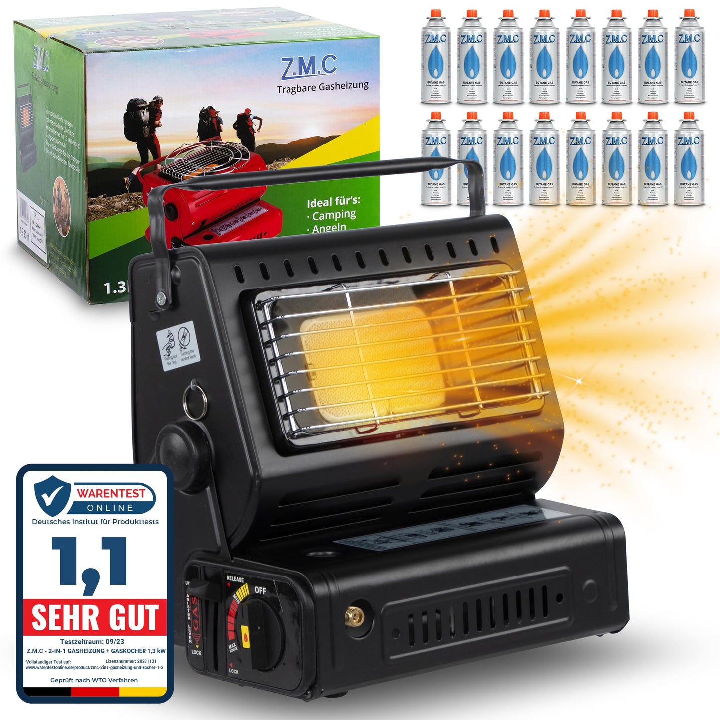 Z.M.C 2-in-1 Tragbare Keramik Gasheizung und Gaskocher 1,3 kW, mit LPG Anschluss + 4 Gaskartuschen, Campingkocher mit Piezozündung, Camping Heizung, Gasheizer für Indoor, Outdoor, Zelten Wohnwagen