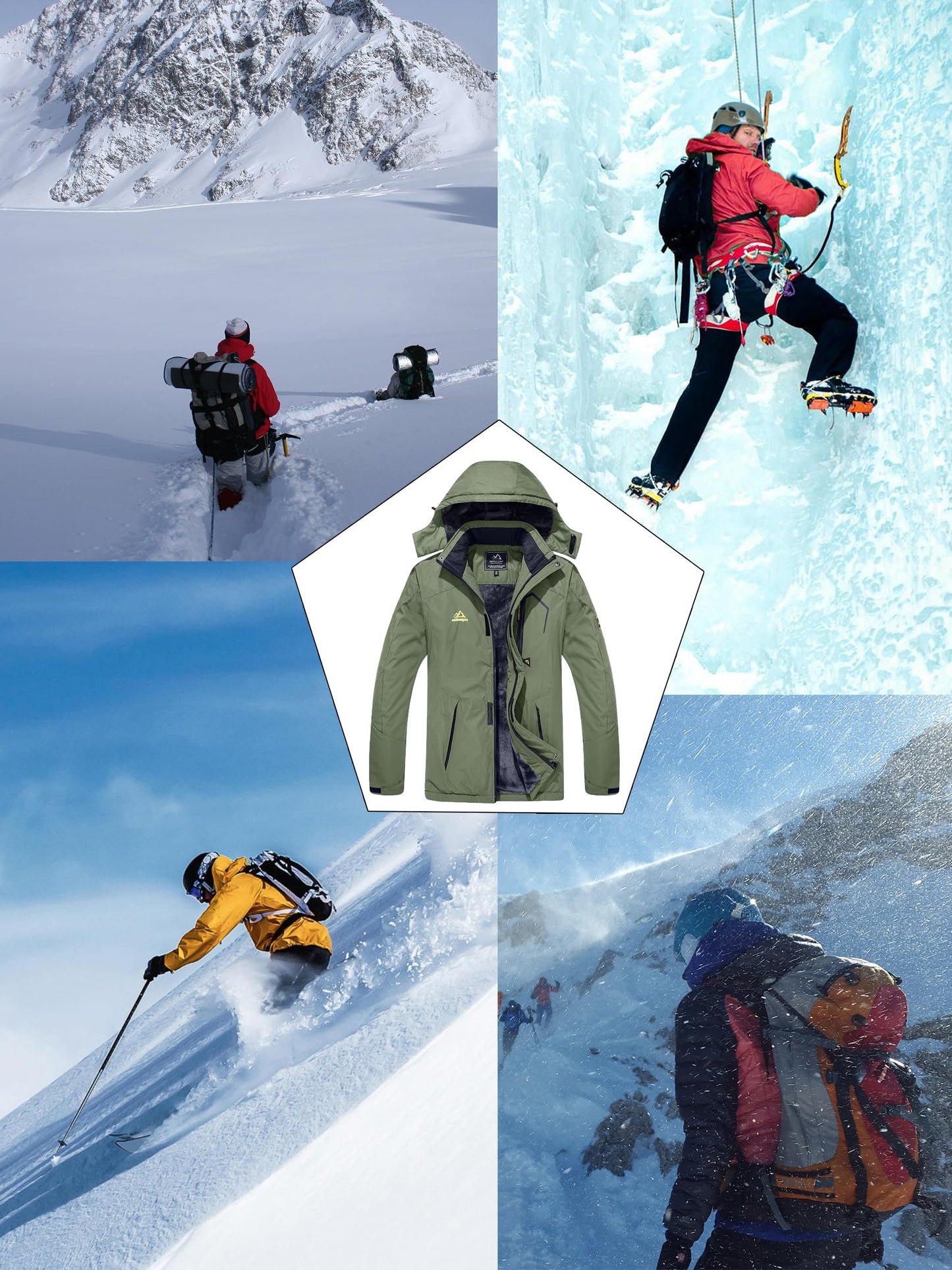 KEFITEVD Herren Skijacke Atmungsaktiv Warm Gefüttert Winterjacke mit Abnehmbarer Kapuze Snowboardjacke Wasserdicht Outdoorjacke