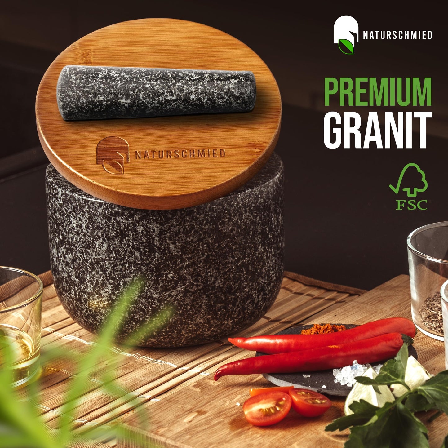 NATURSCHMIED Mörser mit Stößel & Deckel - AirProof 2.0 Verschluss + SolidStand Pad | 750 ml - Hellgrauer Premium Granit Mörser - Gewürze und Kräuter mörsern - ohne Abrieb