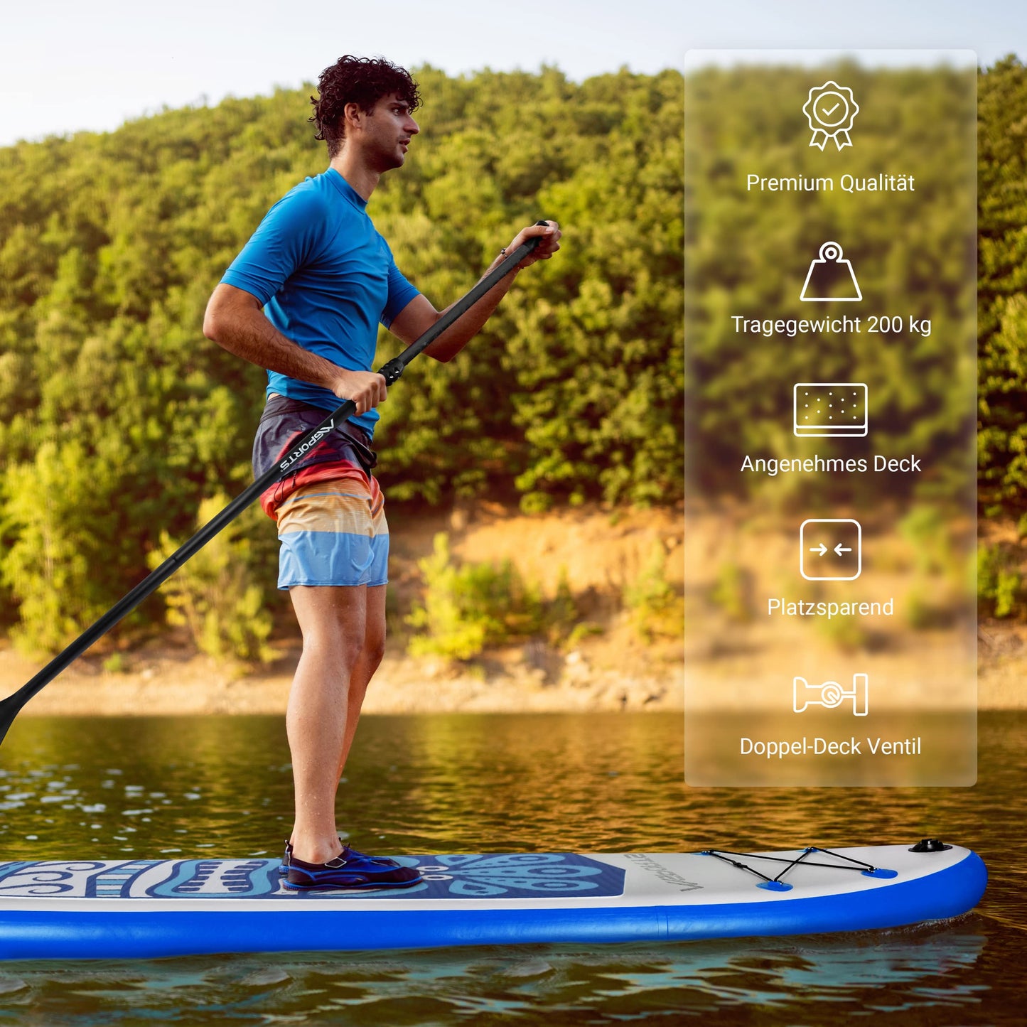 MSPORTS Stand Up Paddle Board Aufblasbar Komplettes Paddleboard Zubehör Verstellbares Paddel, hochwertige Pumpe + 2X Paddelstock + wasserdichte Smartphone Tasche + Multifunktionstasche