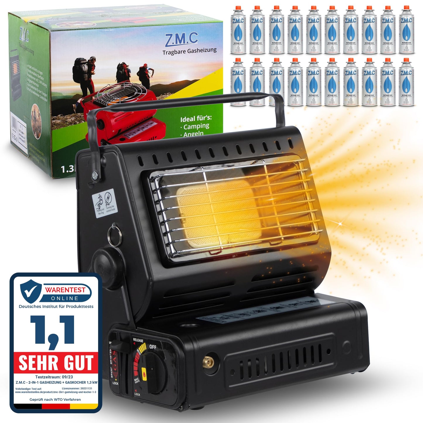 Z.M.C 2-in-1 Tragbare Keramik Gasheizung und Gaskocher 1,3 kW, mit LPG Anschluss + 4 Gaskartuschen, Campingkocher mit Piezozündung, Camping Heizung, Gasheizer für Indoor, Outdoor, Zelten Wohnwagen