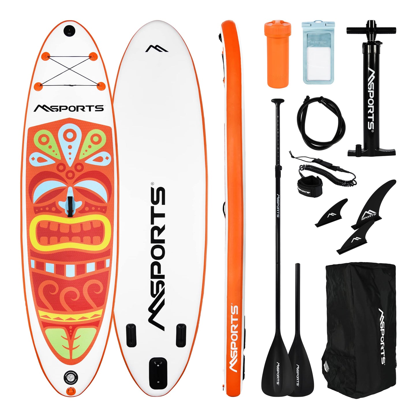 MSPORTS Stand Up Paddle Board Aufblasbar Komplettes Paddleboard Zubehör Verstellbares Paddel, hochwertige Pumpe + 2X Paddelstock + wasserdichte Smartphone Tasche + Multifunktionstasche