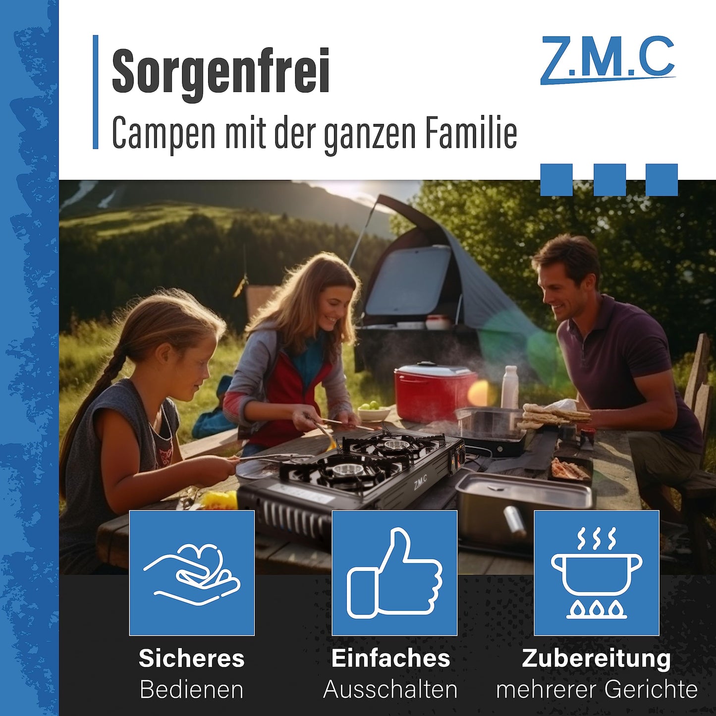 Z.M.C PREMIUM Camping Gaskocher 2-flammig + Grillplatte 45x24 cm + 8 Gaskartuschen 227g, Campingkocher mit Zündsicherung für Outdoor und Innenraum, Balkon Doppelgaskocher mit Piezozündung