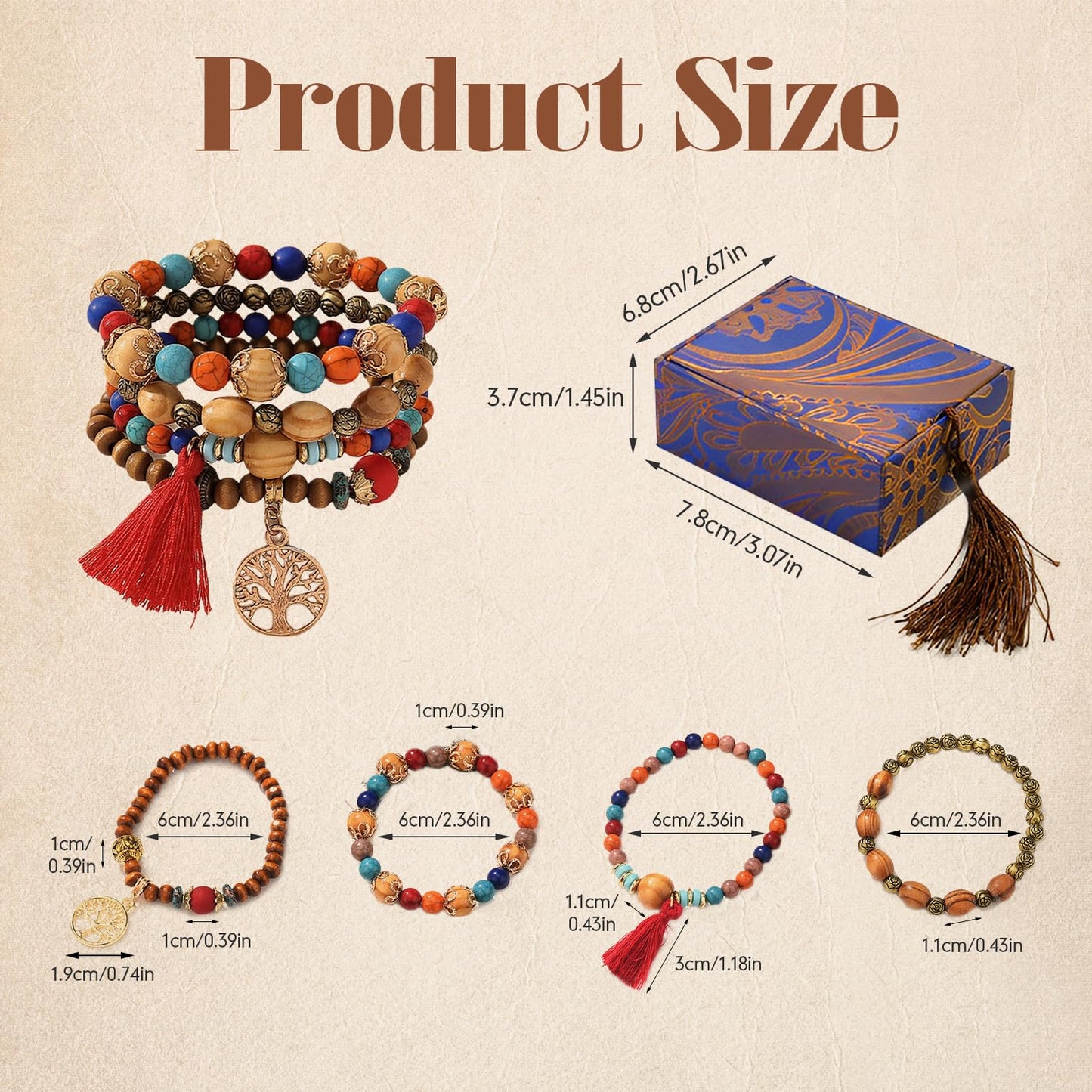 Sternstunde 4 Stück Boho Armbänder Damen, Chakra Armband für Frauen, Schmuck Boho Armreifen mit Holzperlen und Quaste, Chakra Armband, Lebensbaum-Charm, Liebe, Statement-Armreifen