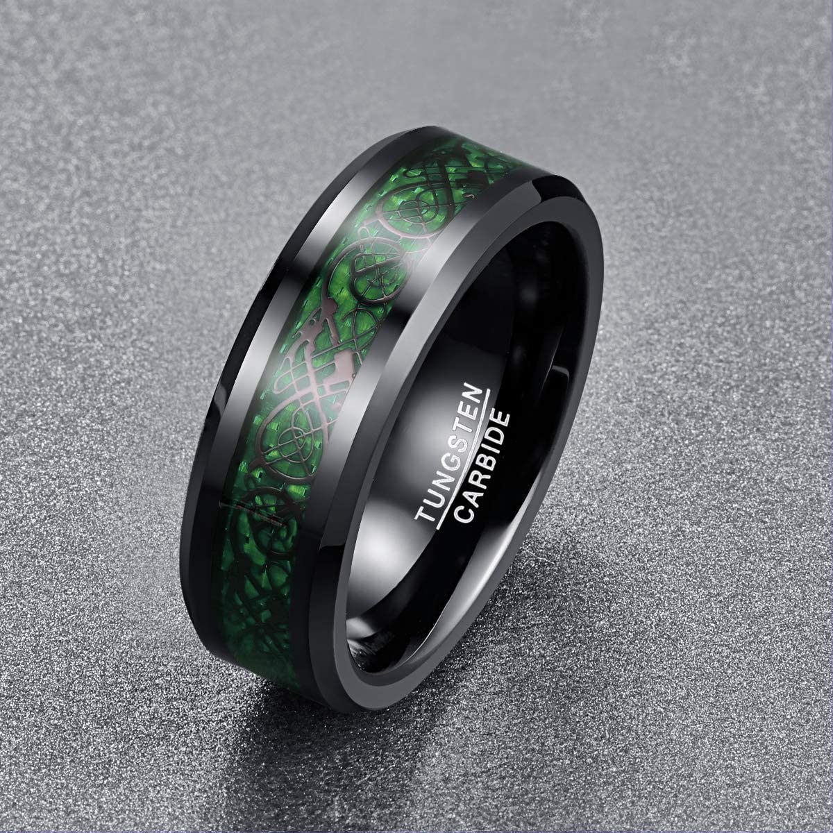 NUNCAD Schwarz Ring Wolfram Partner Ring Herren Damen 8mm Keltische Drachen Ring mit Kohlefasern Blau/Grün/Rot/Rosegold Größe 49.3-72(15.7-22.9)