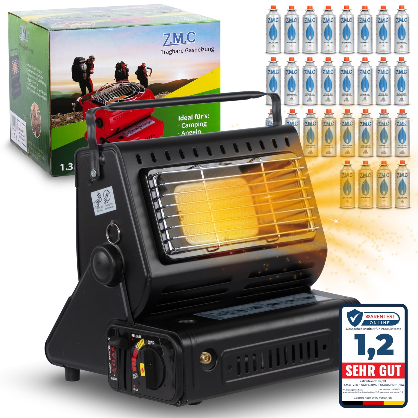 Z.M.C 2-in-1 Tragbare Keramik Gasheizung und Gaskocher 1,3 kW, mit LPG Anschluss + 4 Gaskartuschen, Campingkocher mit Piezozündung, Camping Heizung, Gasheizer für Indoor, Outdoor, Zelten Wohnwagen