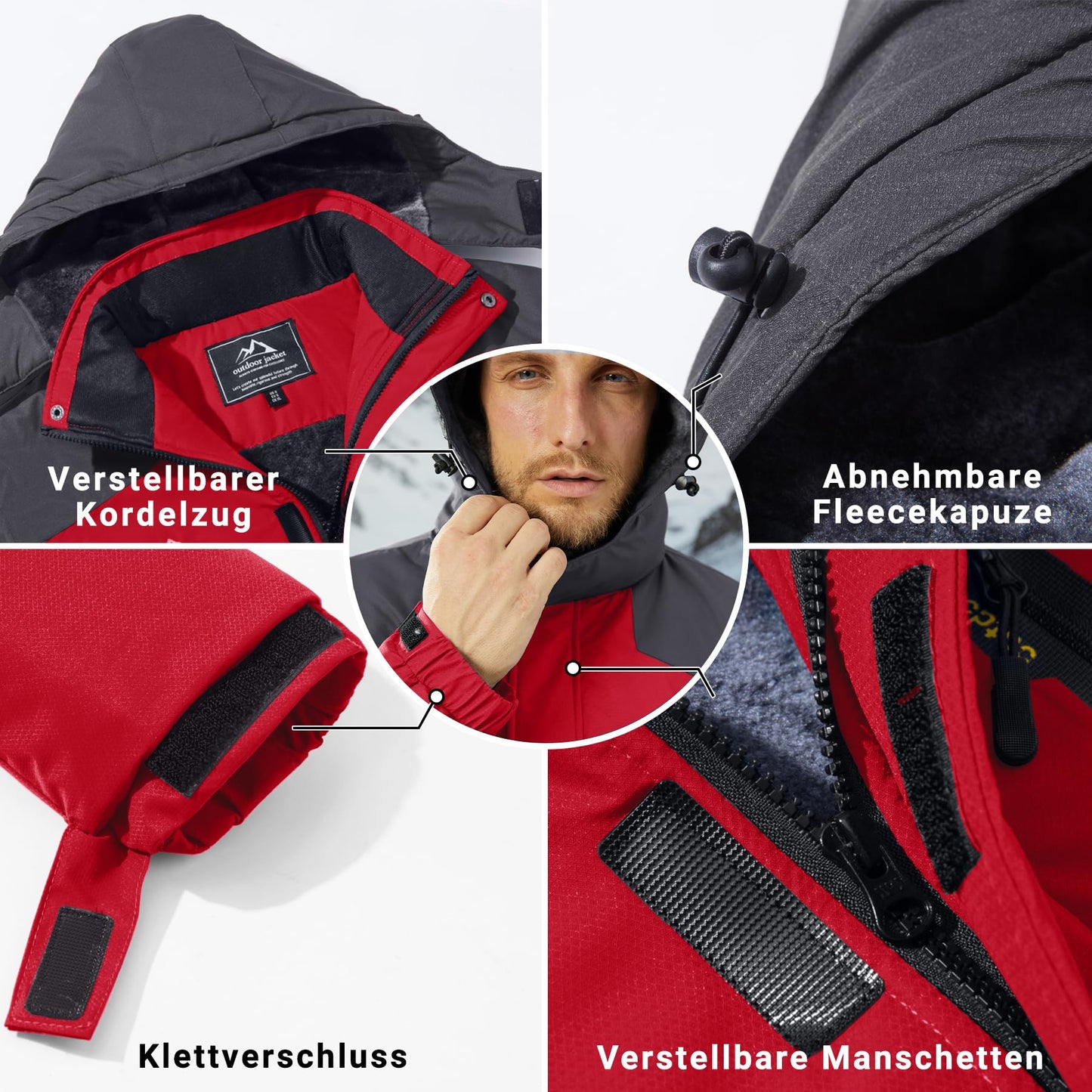 KEFITEVD Herren Skijacke Atmungsaktiv Warm Gefüttert Winterjacke mit Abnehmbarer Kapuze Snowboardjacke Wasserdicht Outdoorjacke
