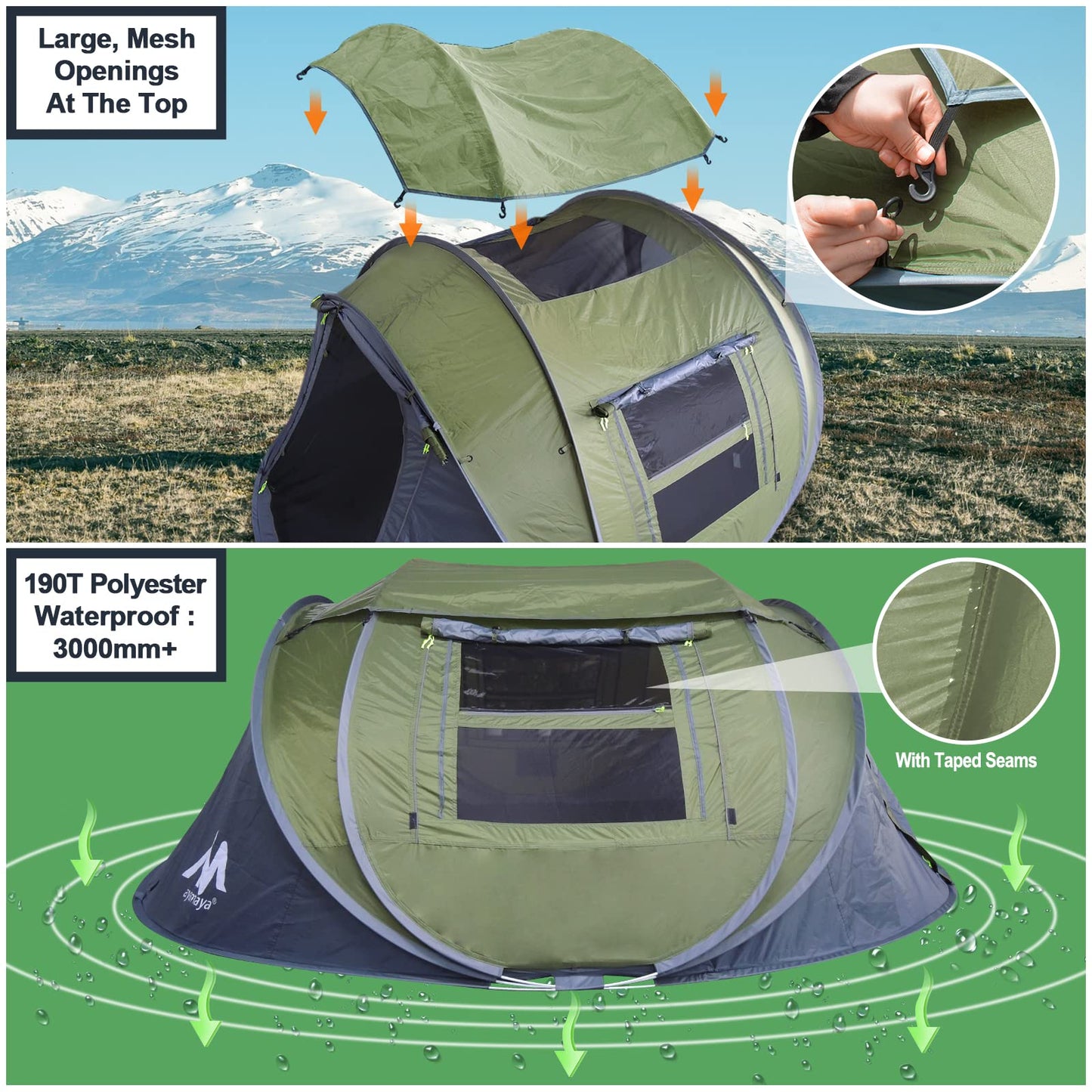 Zelt 3-4 Personen Pop Up Wurfzelt mit Große Dachfenster, Strandmuschel Automatik 4 Mann Zelte Wasserdicht Strandzelt Festivalzelt Schnellaufbauzelt für Outdoor Camping Picknick Wandern
