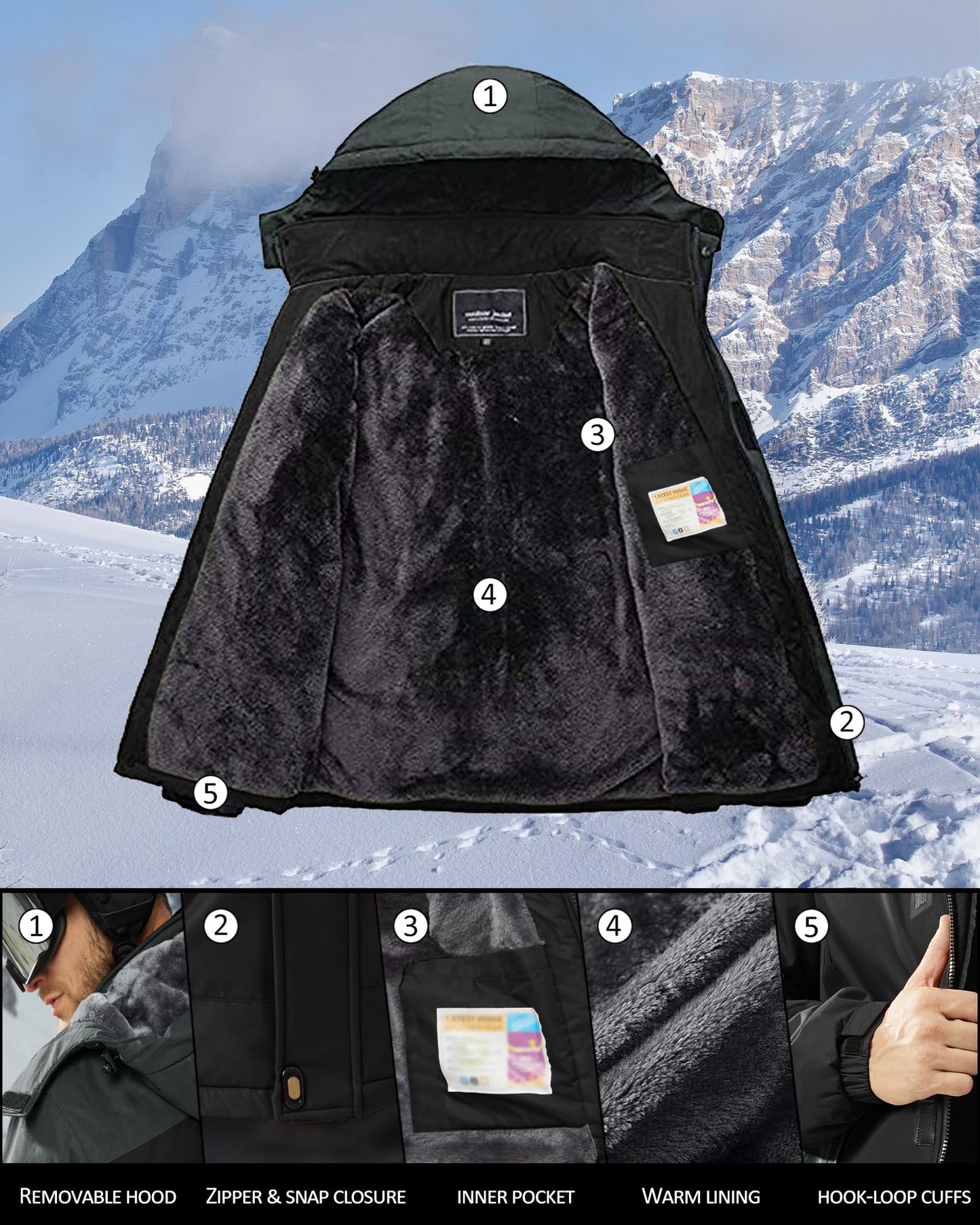 KEFITEVD Snowboardjacke Herren Warm Gefüttert Skijacke Wasserdicht Softshell Jacke mit Kapuze Fleece Winterjacke Atmungsaktiv Funktionsjacke