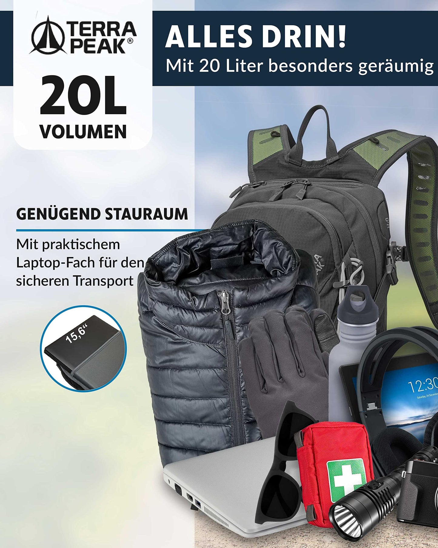 ELB walk Terra Peak Wanderrucksack 20L Active 20 Premium (klein) Trekkingrucksack mit Rückenbelüftung, Regenschutz-hülle & Trinksystem-Halterung, aus atmungsaktivem 3D Air Mesh, Outdoor Daypack mit Hüftgurt