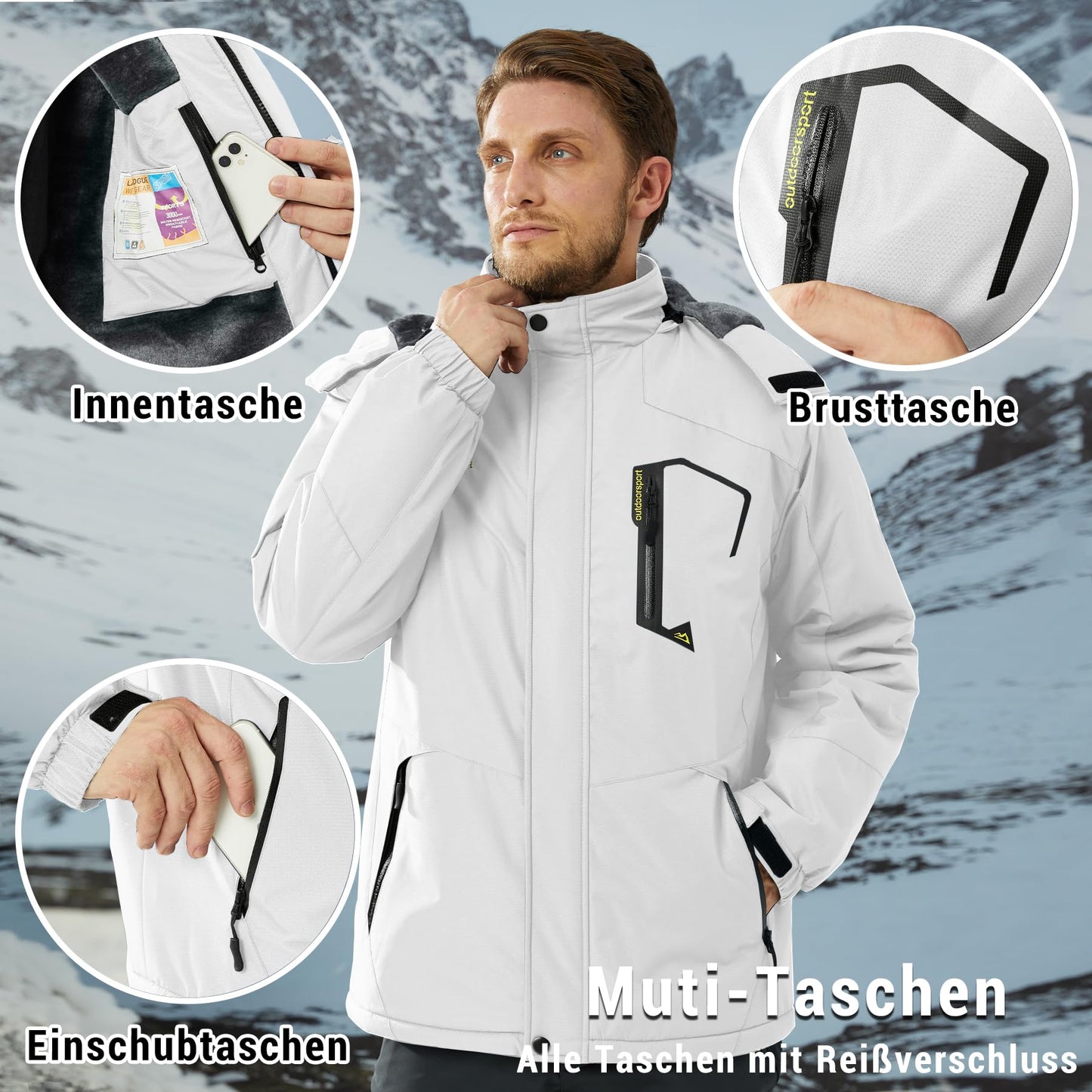 KEFITEVD Herren Skijacke Atmungsaktiv Warm Gefüttert Winterjacke mit Abnehmbarer Kapuze Snowboardjacke Wasserdicht Outdoorjacke