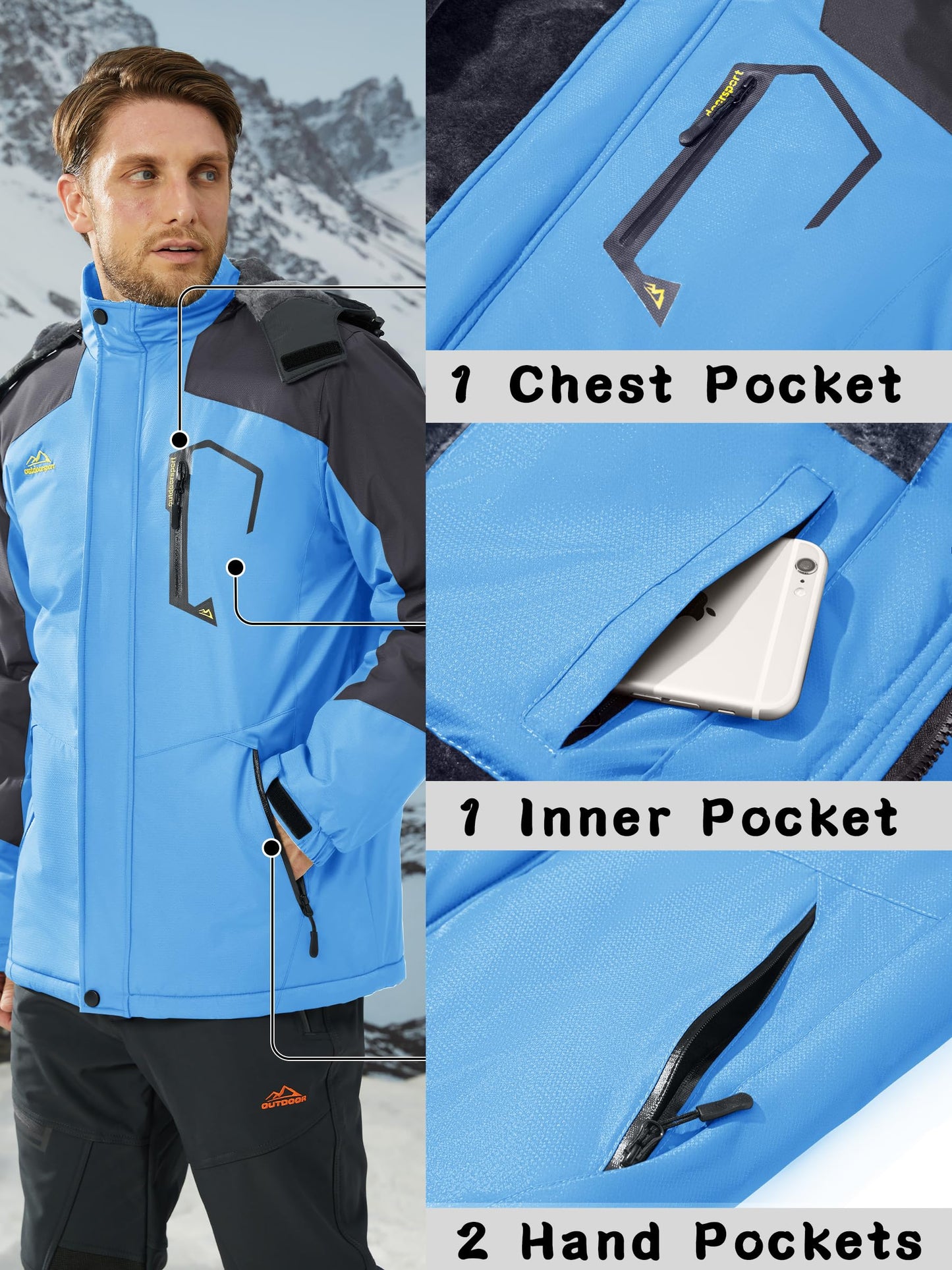 KEFITEVD Herren Skijacke Atmungsaktiv Warm Gefüttert Winterjacke mit Abnehmbarer Kapuze Snowboardjacke Wasserdicht Outdoorjacke