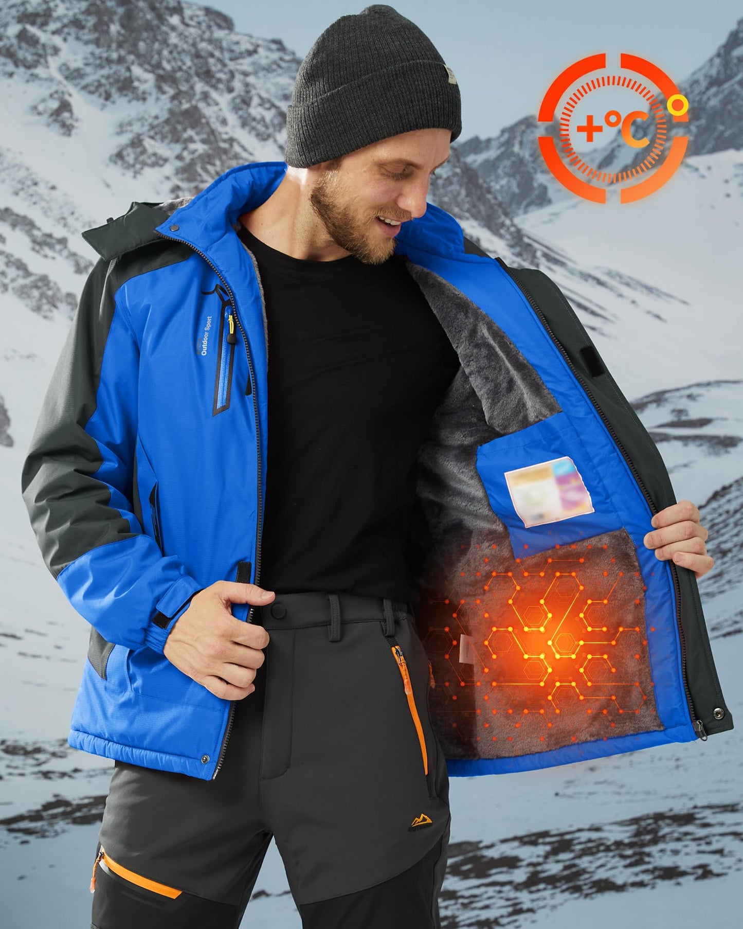 KEFITEVD Snowboardjacke Herren Warm Gefüttert Skijacke Wasserdicht Softshell Jacke mit Kapuze Fleece Winterjacke Atmungsaktiv Funktionsjacke