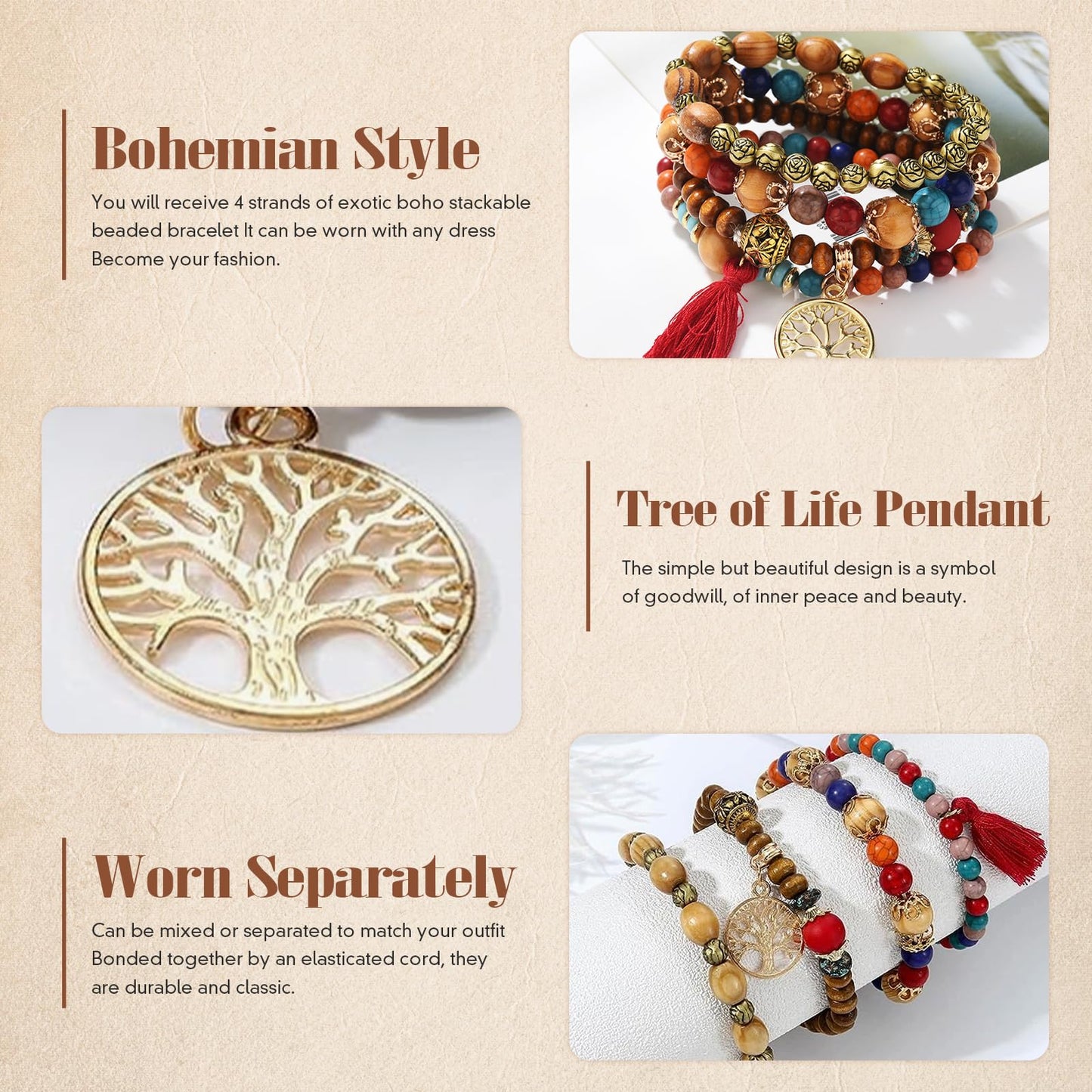 Sternstunde 4 Stück Boho Armbänder Damen, Chakra Armband für Frauen, Schmuck Boho Armreifen mit Holzperlen und Quaste, Chakra Armband, Lebensbaum-Charm, Liebe, Statement-Armreifen