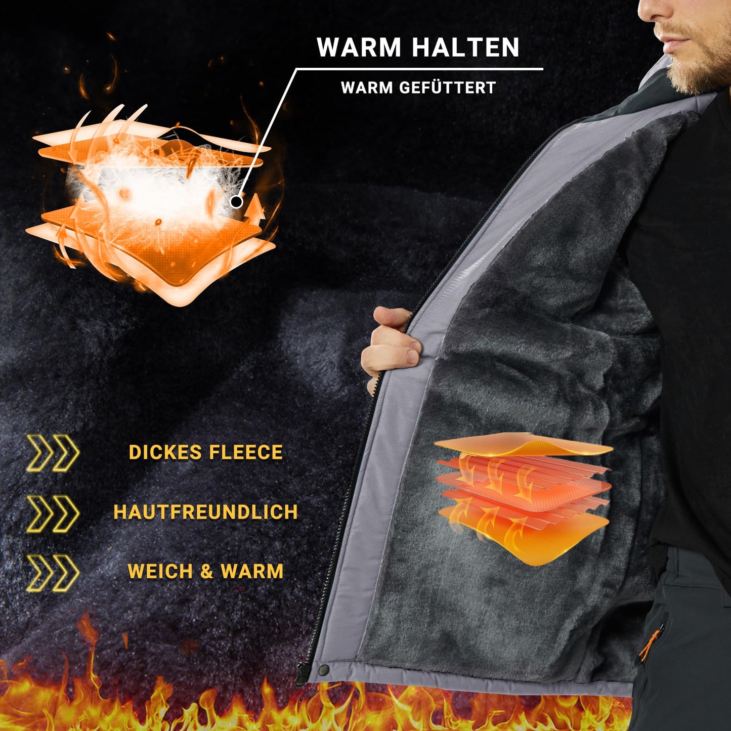 KEFITEVD Herren Skijacke Atmungsaktiv Warm Gefüttert Winterjacke mit Abnehmbarer Kapuze Snowboardjacke Wasserdicht Outdoorjacke