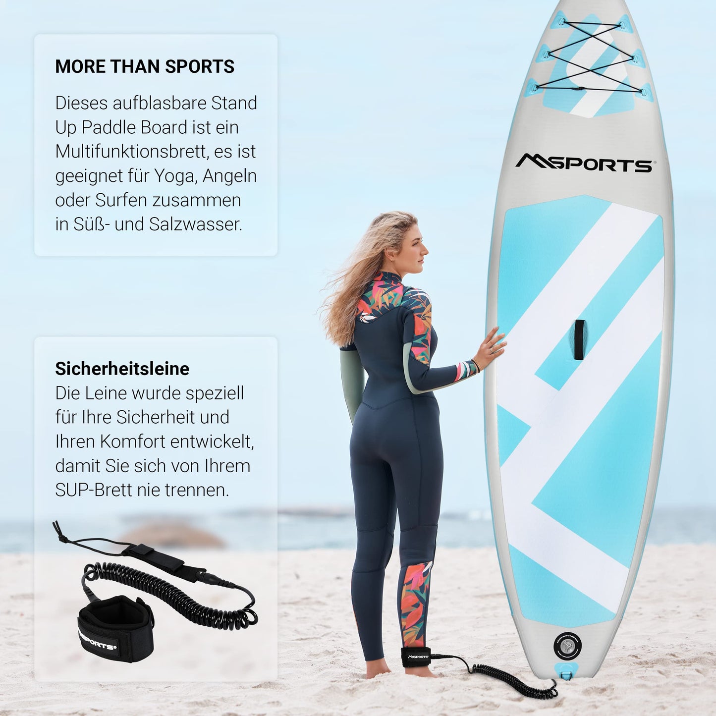 MSPORTS Stand Up Paddle Board Aufblasbar Komplettes Paddleboard Zubehör Verstellbares Paddel, hochwertige Pumpe + 2X Paddelstock + wasserdichte Smartphone Tasche + Multifunktionstasche