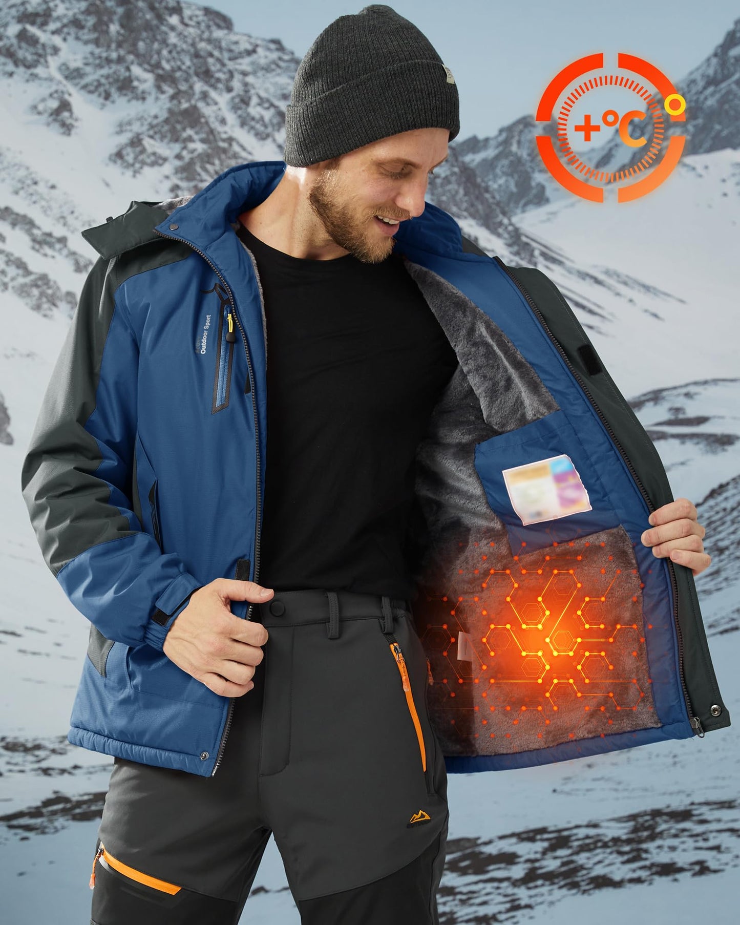 KEFITEVD Snowboardjacke Herren Warm Gefüttert Skijacke Wasserdicht Softshell Jacke mit Kapuze Fleece Winterjacke Atmungsaktiv Funktionsjacke