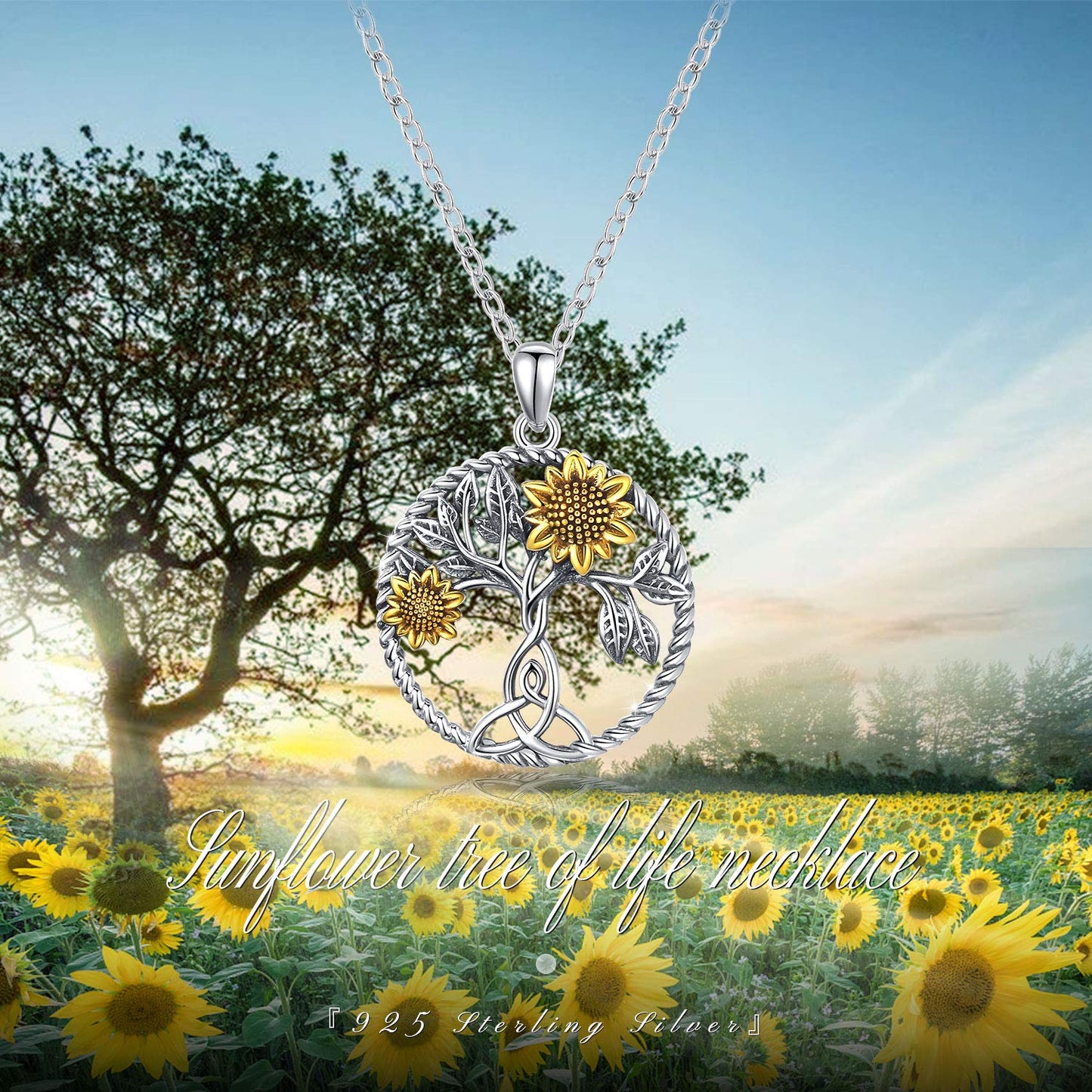 Ederseensucht-Sonnenblumen-Halskette, 925er Sterlingsilber, Gänseblümchen/Rose/Mondstein, Sonnenblumen-Baum des Lebens-Anhänger-Halskette, Sonnenblumen-Schmuck, Geschenke für Frauen, Mädchen, Mütter