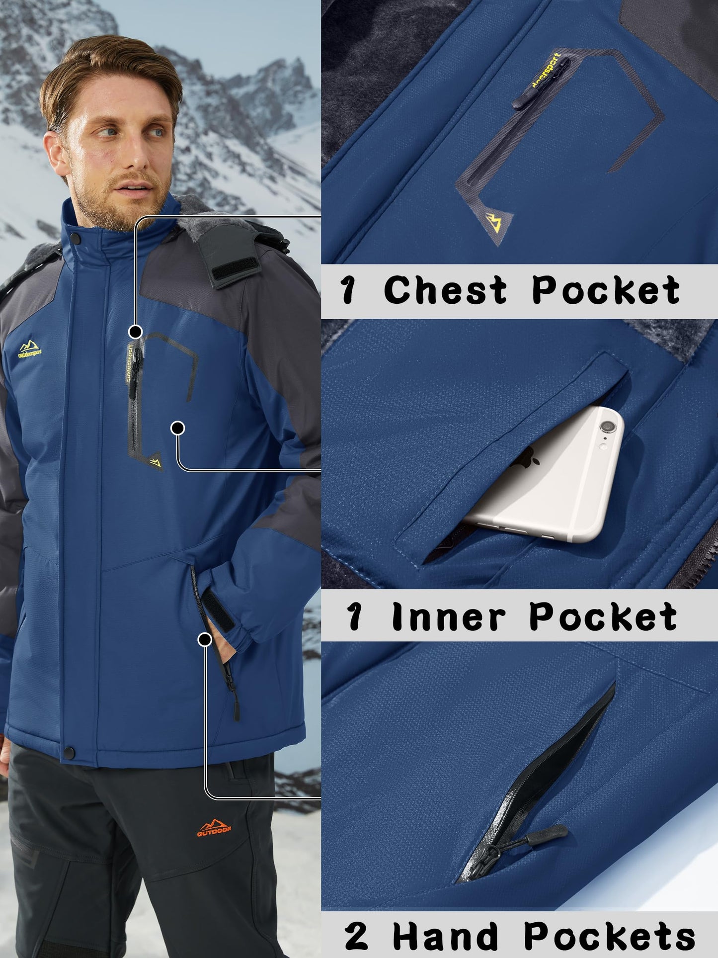 KEFITEVD Herren Skijacke Atmungsaktiv Warm Gefüttert Winterjacke mit Abnehmbarer Kapuze Snowboardjacke Wasserdicht Outdoorjacke