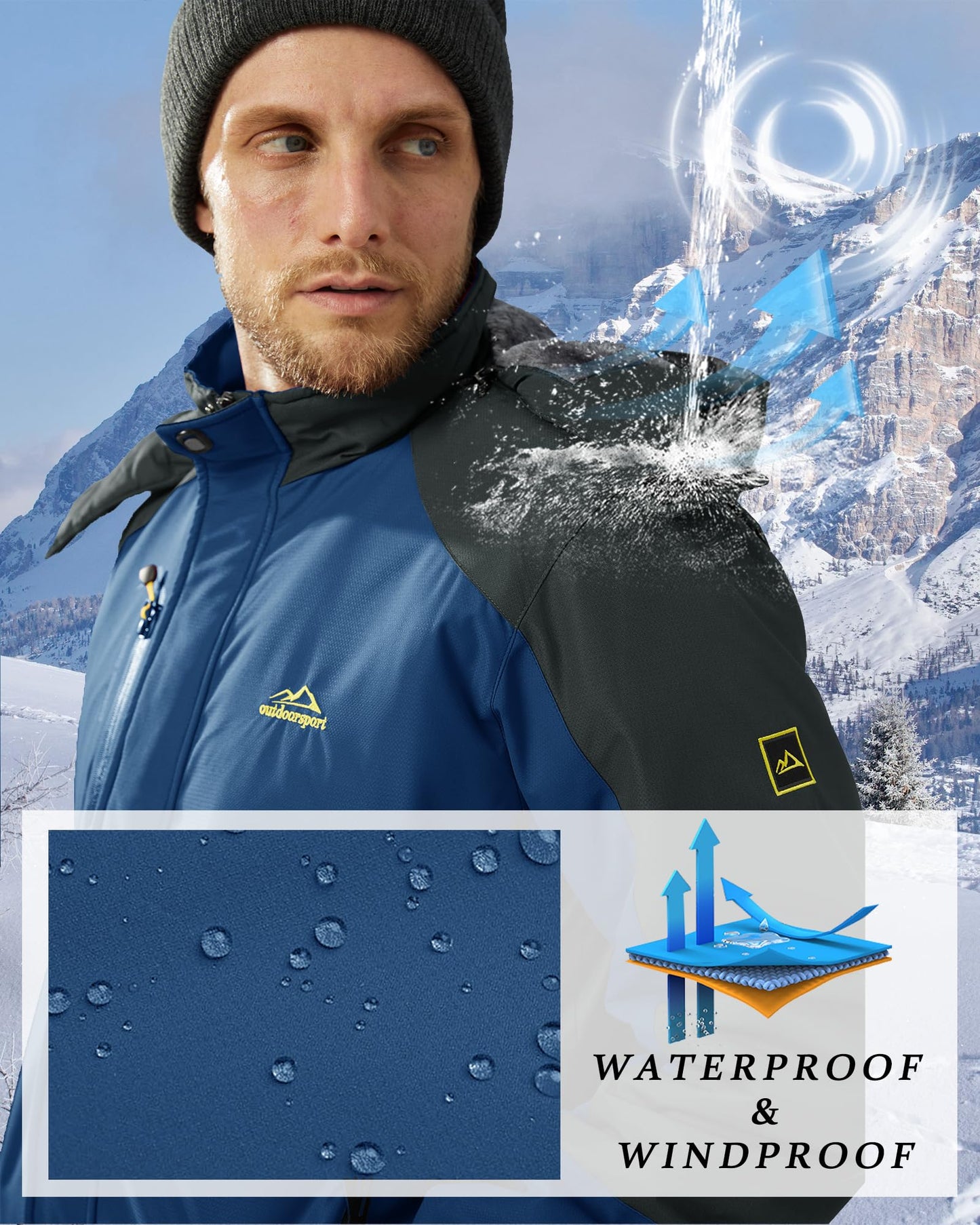 KEFITEVD Snowboardjacke Herren Warm Gefüttert Skijacke Wasserdicht Softshell Jacke mit Kapuze Fleece Winterjacke Atmungsaktiv Funktionsjacke