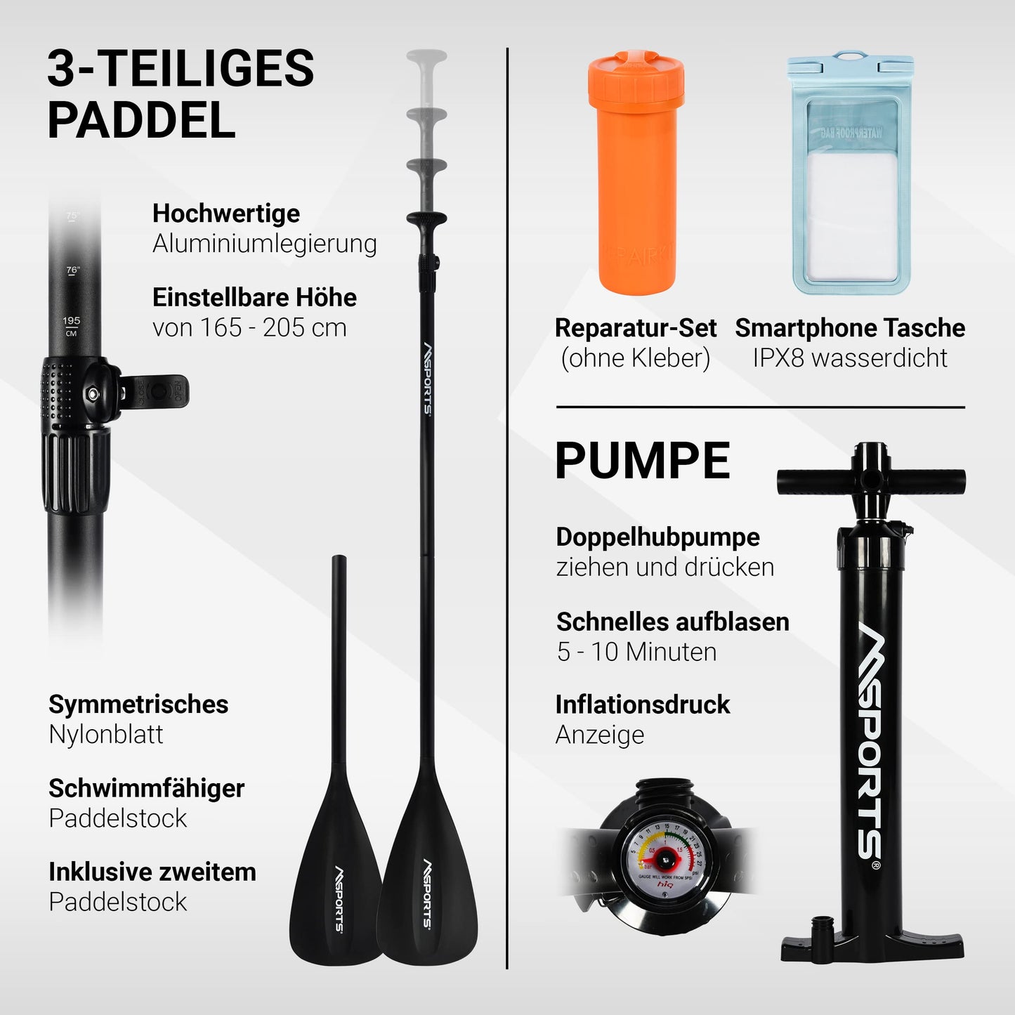 MSPORTS Stand Up Paddle Board Aufblasbar Komplettes Paddleboard Zubehör Verstellbares Paddel, hochwertige Pumpe + 2X Paddelstock + wasserdichte Smartphone Tasche + Multifunktionstasche