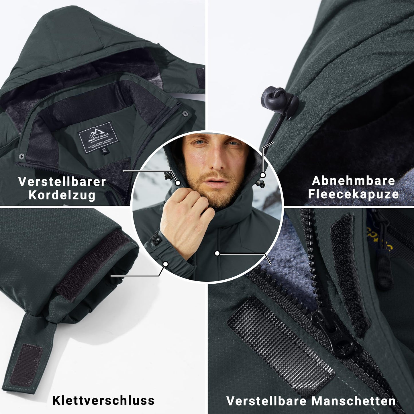 KEFITEVD Herren Skijacke Atmungsaktiv Warm Gefüttert Winterjacke mit Abnehmbarer Kapuze Snowboardjacke Wasserdicht Outdoorjacke