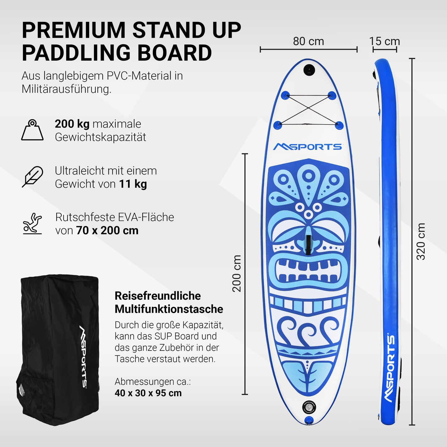 MSPORTS Stand Up Paddle Board Aufblasbar Komplettes Paddleboard Zubehör Verstellbares Paddel, hochwertige Pumpe + 2X Paddelstock + wasserdichte Smartphone Tasche + Multifunktionstasche