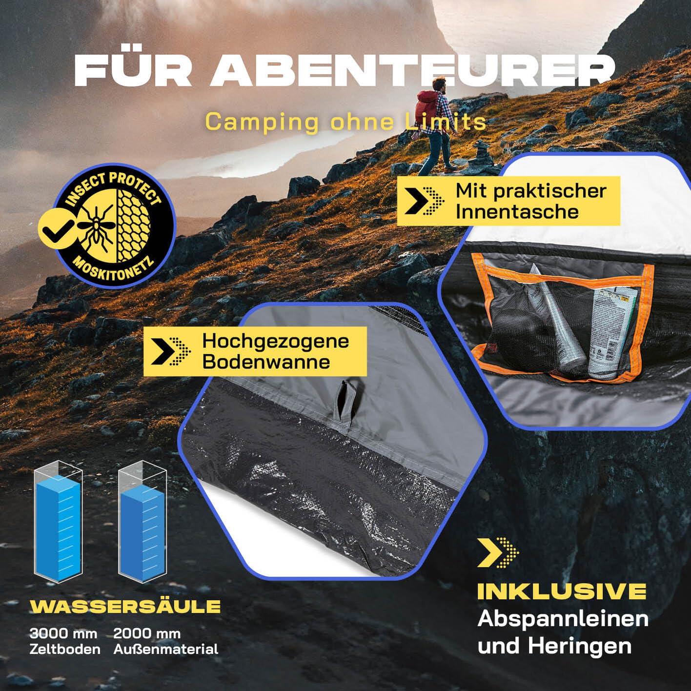 Lumaland Camping Zelt | Leichtes Pop Up Wurfzelt | 2-3 Personen Kuppelzelt | Trekking & Festival Igluzelt | Sekundenzelt Wasserdicht 210x190x110cm | Wind- & Sonnenschutz | Mit 1 & 2 Eingängen