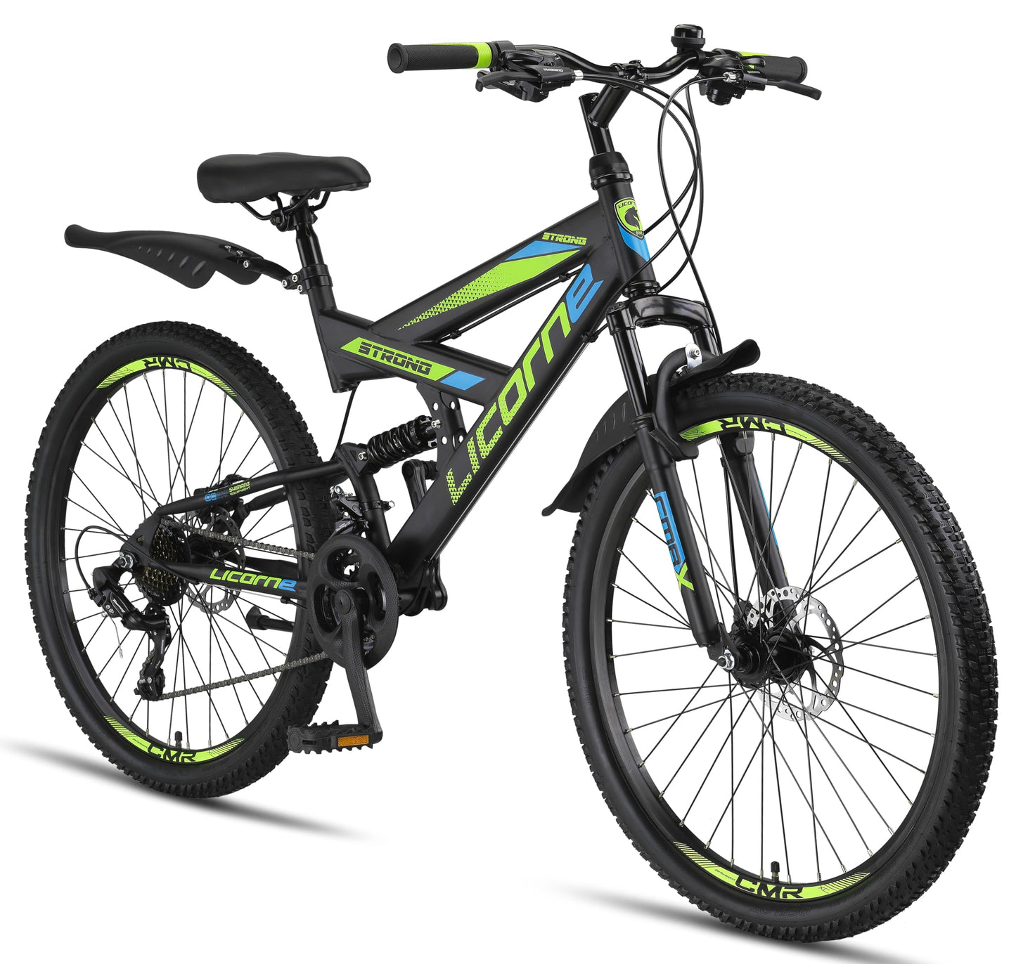 ELB daily Licorne Bike Strong 2D Premium Mountainbike in 26, 27.5 und 29 Zoll Fahrrad für Jungen Mädchen Damen und Herren Scheibenbremse vorne und hinten 21 Gang Schaltung Vollfederung