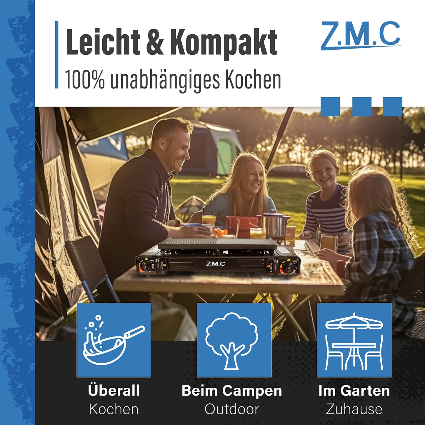 Z.M.C PREMIUM Camping Gaskocher 2-flammig + Grillplatte 45x24 cm + 8 Gaskartuschen 227g, Campingkocher mit Zündsicherung für Outdoor und Innenraum, Balkon Doppelgaskocher mit Piezozündung