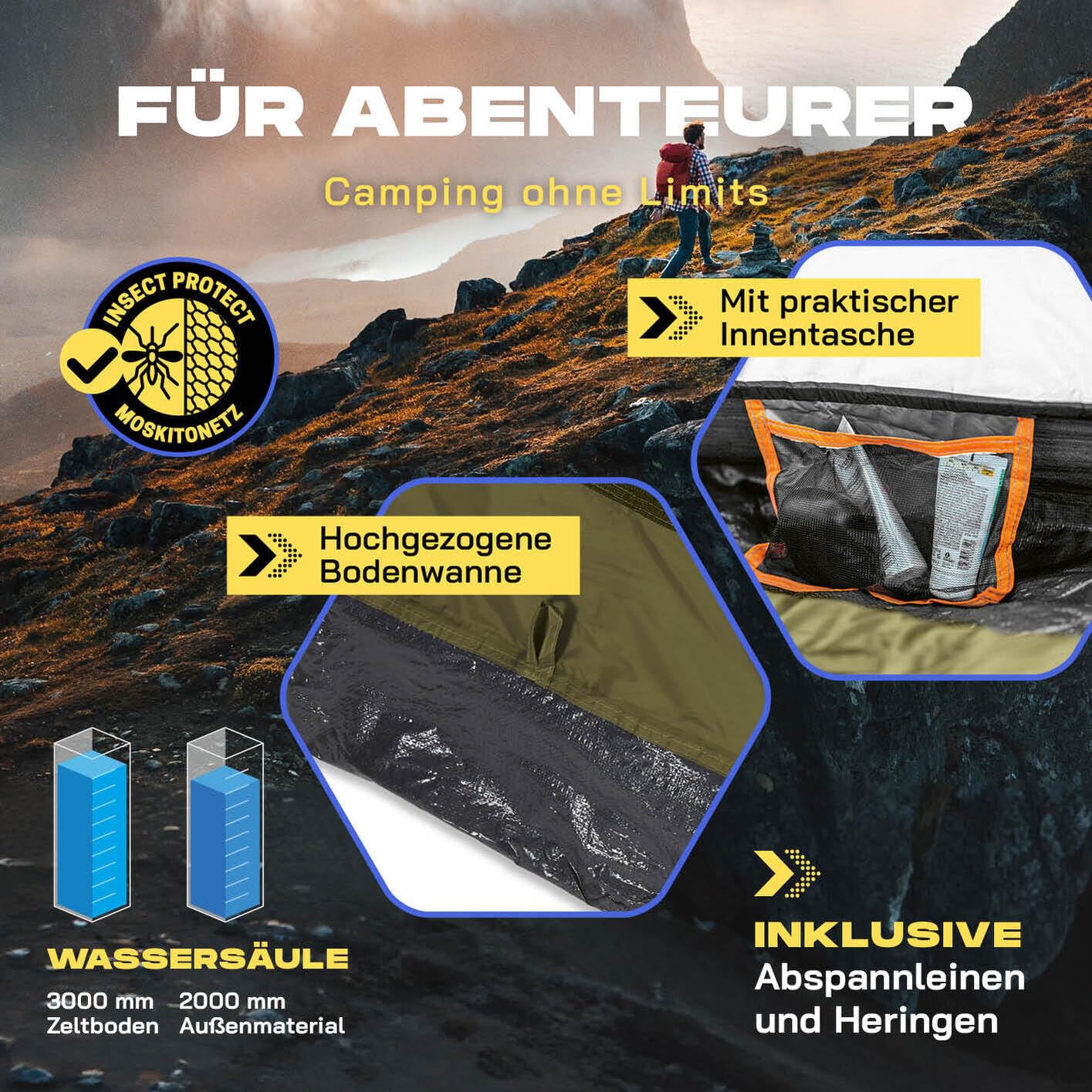 Lumaland Camping Zelt | Leichtes Pop Up Wurfzelt | 2-3 Personen Kuppelzelt | Trekking & Festival Igluzelt | Sekundenzelt Wasserdicht 210x190x110cm | Wind- & Sonnenschutz | Mit 1 & 2 Eingängen