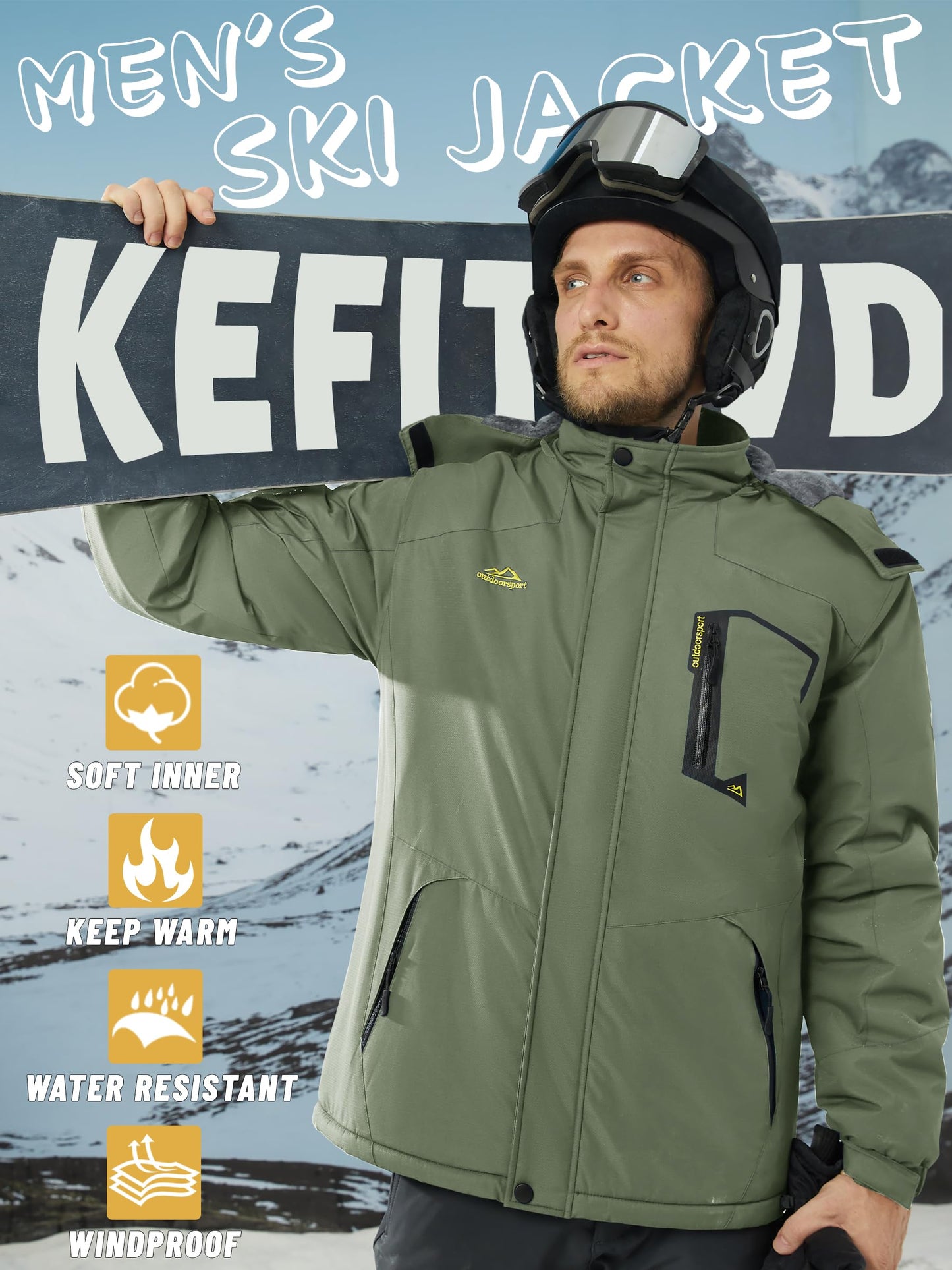 KEFITEVD Herren Skijacke Atmungsaktiv Warm Gefüttert Winterjacke mit Abnehmbarer Kapuze Snowboardjacke Wasserdicht Outdoorjacke