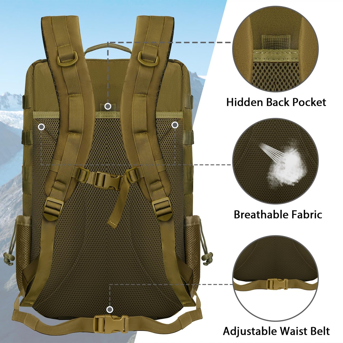 1.ELB Adventure YOREPEK Großer Militär Rucksack Herren, 40L Outdoor Armee Wasserdicht Taktischer Bundeswehr Rucksäcke Molle Assault Survival Tactical Travel Backpack für Camping Trekking Wandern Reise Arbeit, Schwarz