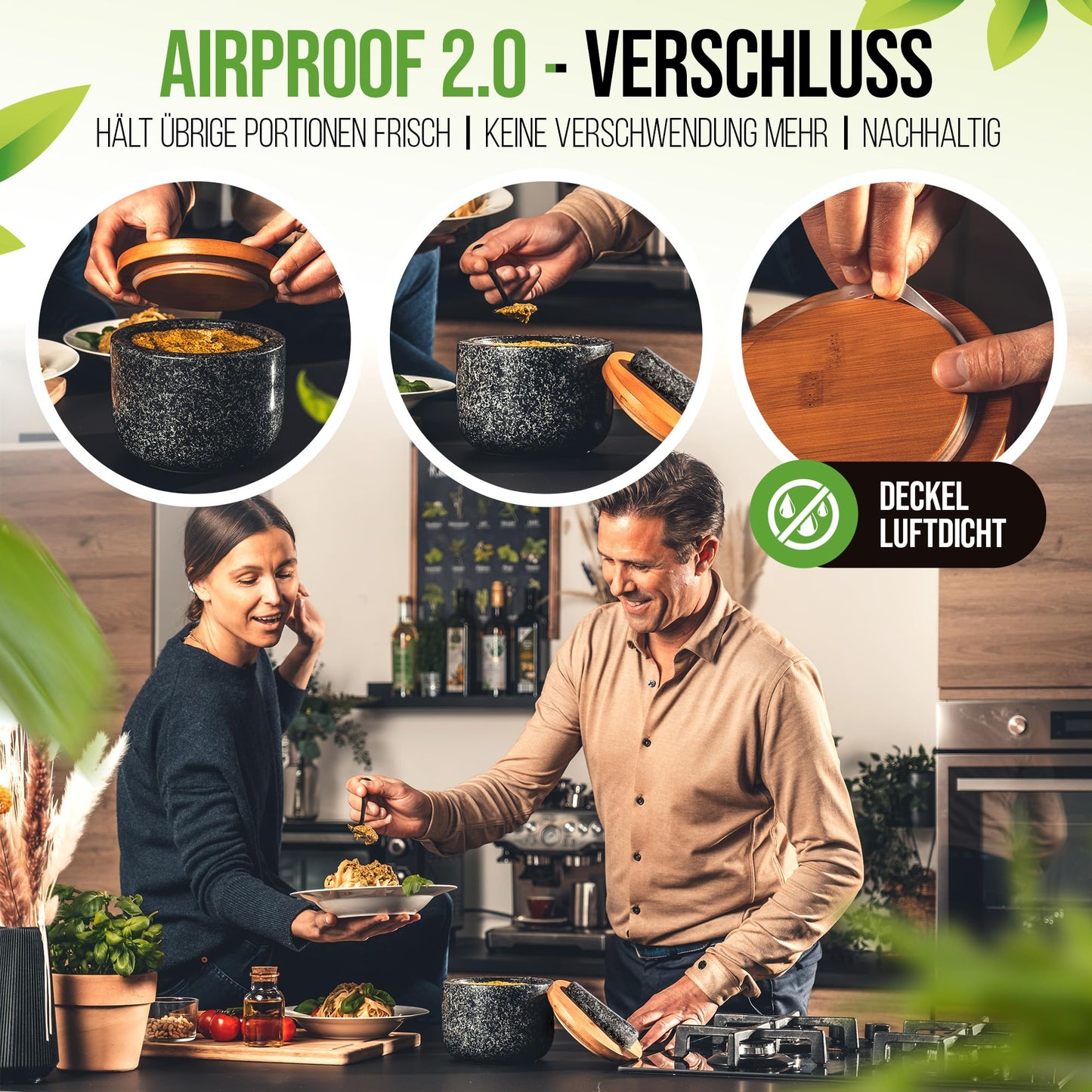 NATURSCHMIED Mörser mit Stößel & Deckel - AirProof 2.0 Verschluss + SolidStand Pad | 750 ml - Hellgrauer Premium Granit Mörser - Gewürze und Kräuter mörsern - ohne Abrieb