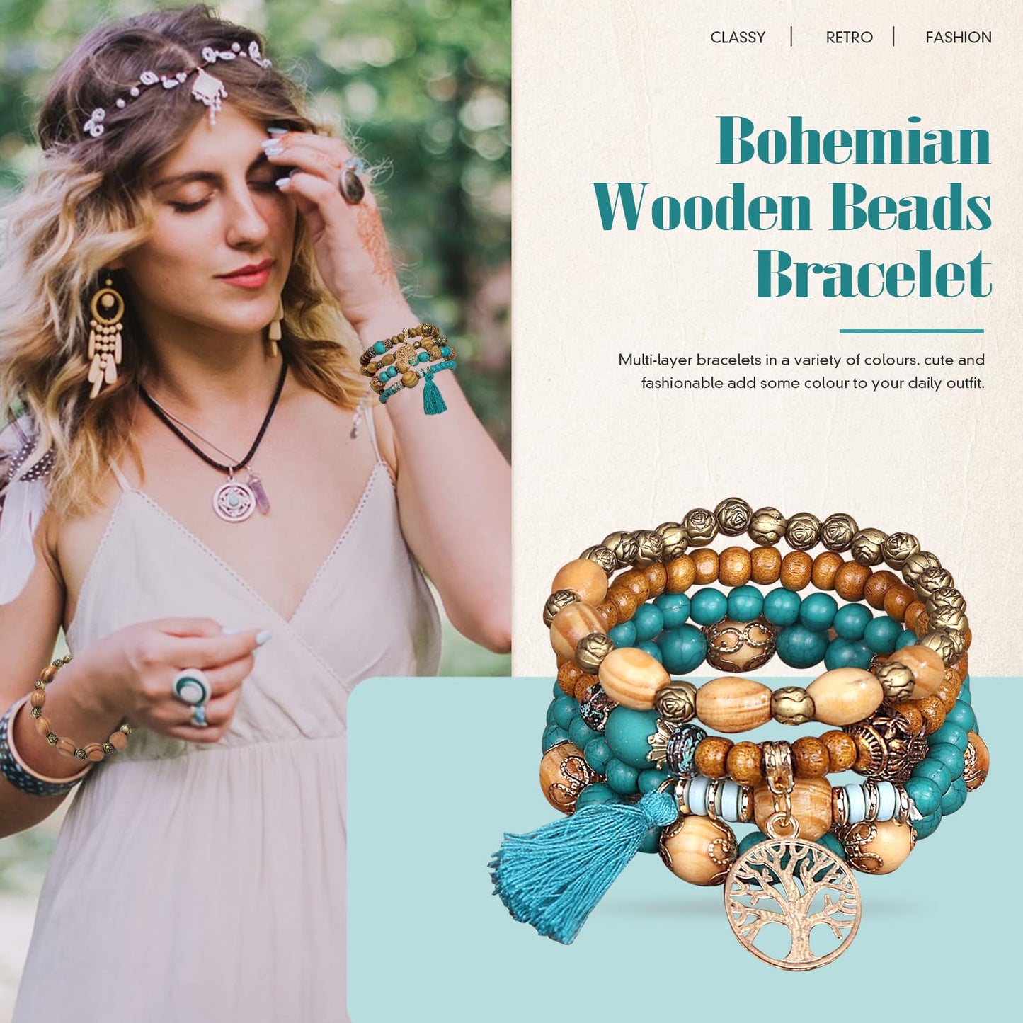 Sternstunde 4 Stück Boho Armbänder Damen, Chakra Armband für Frauen, Schmuck Boho Armreifen mit Holzperlen und Quaste, Chakra Armband, Lebensbaum-Charm, Liebe, Statement-Armreifen