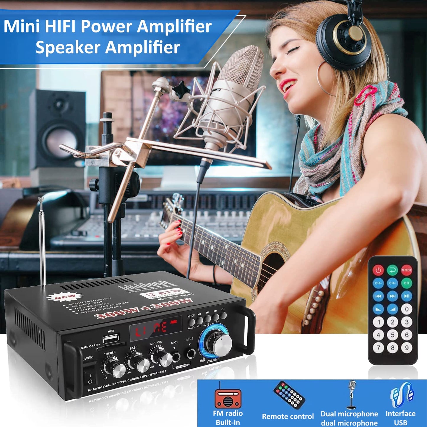 Etlephe Mini Verstärker,HIFI Verstärker,Bluetooth 5.0-Stereo Audio,12 V 220 V 600 W, 2 Kanäle, LCD-Display, High Fidelity, tragbares UKW-Radio, SD/USB-Karteneingang, für Zuhause oder Auto