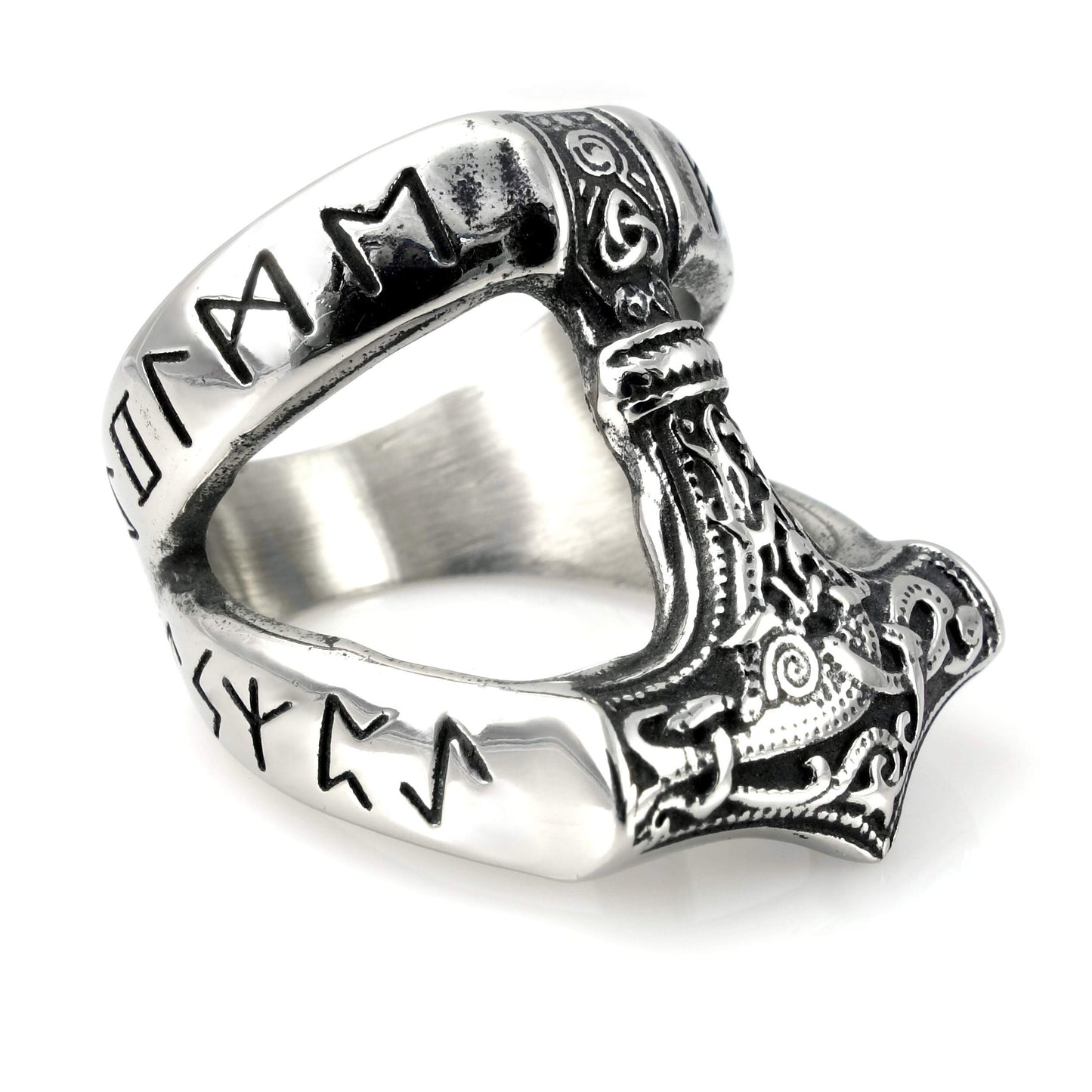 URBANTIMBER Edelstahl Wikinger Ring Thor's Hammer mit Futhark Runen