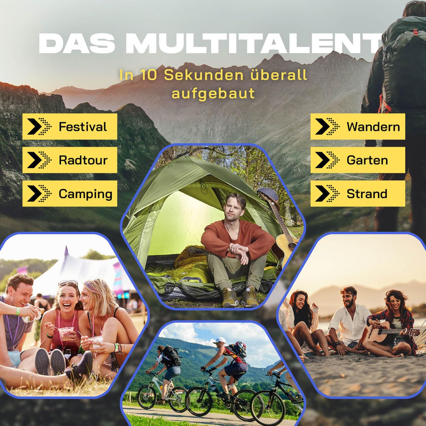 Lumaland Camping Zelt | Leichtes Pop Up Wurfzelt | 2-3 Personen Kuppelzelt | Trekking & Festival Igluzelt | Sekundenzelt Wasserdicht 210x190x110cm | Wind- & Sonnenschutz | Mit 1 & 2 Eingängen