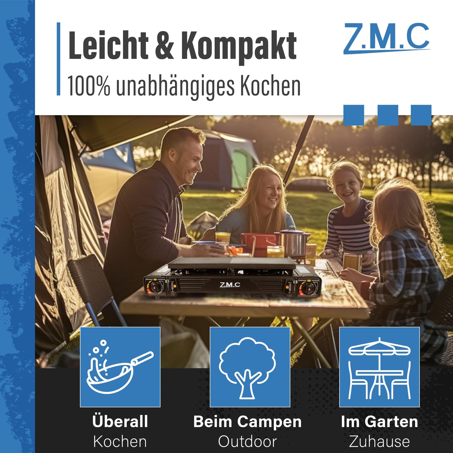 Z.M.C PREMIUM Camping Gaskocher 2-flammig + Grillplatte 45x24 cm + 8 Gaskartuschen 227g, Campingkocher mit Zündsicherung für Outdoor und Innenraum, Balkon Doppelgaskocher mit Piezozündung