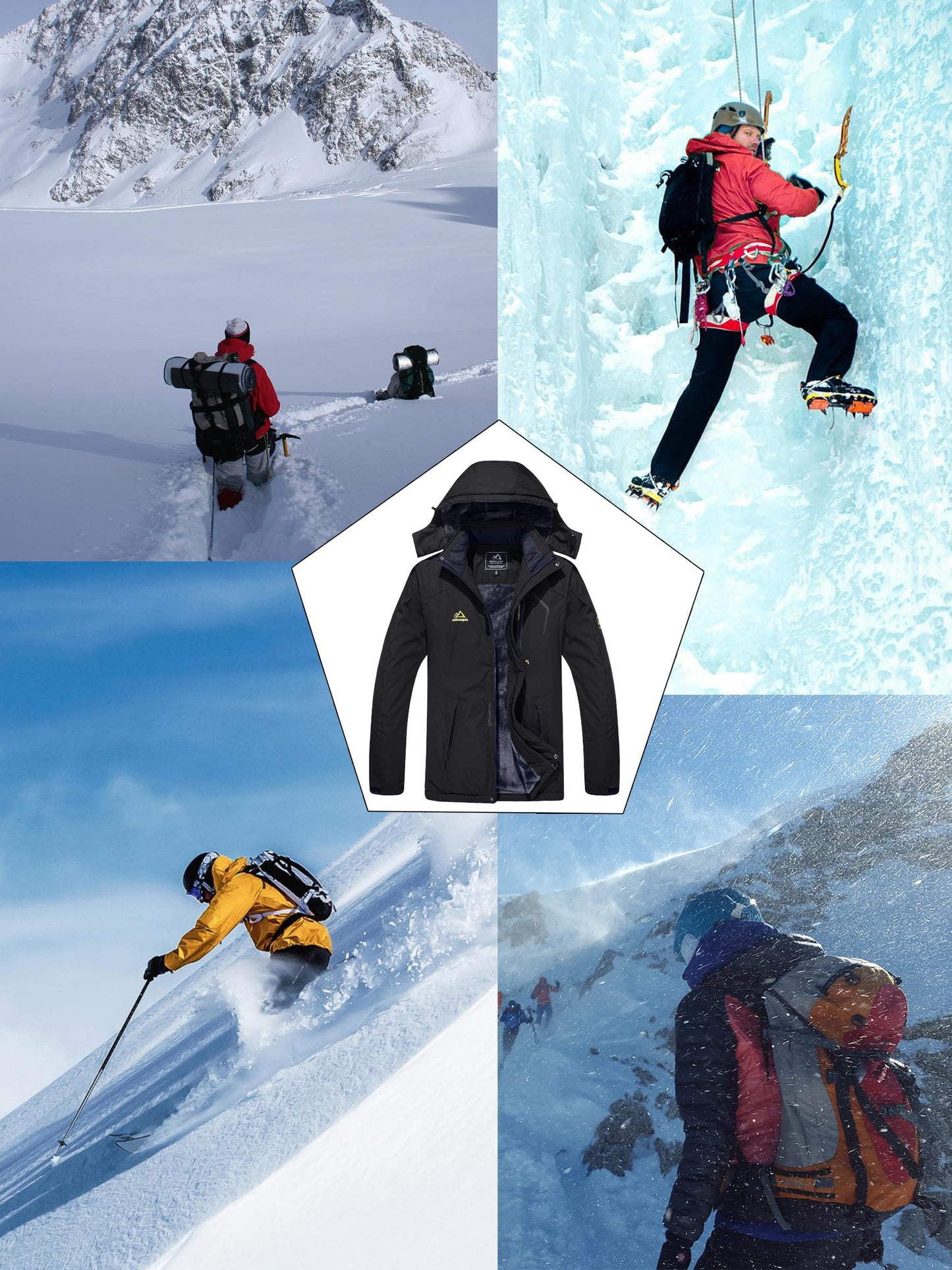 KEFITEVD Herren Skijacke Atmungsaktiv Warm Gefüttert Winterjacke mit Abnehmbarer Kapuze Snowboardjacke Wasserdicht Outdoorjacke