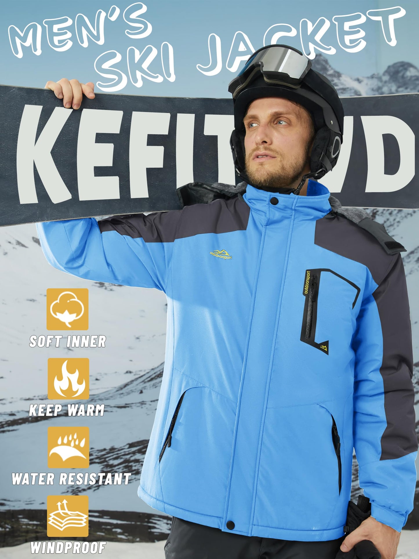 KEFITEVD Herren Skijacke Atmungsaktiv Warm Gefüttert Winterjacke mit Abnehmbarer Kapuze Snowboardjacke Wasserdicht Outdoorjacke