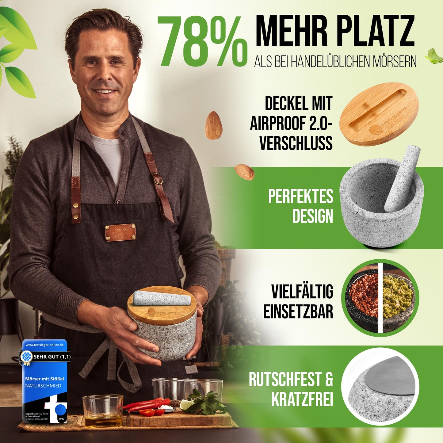 NATURSCHMIED Mörser mit Stößel & Deckel - AirProof 2.0 Verschluss + SolidStand Pad | 750 ml - Hellgrauer Premium Granit Mörser - Gewürze und Kräuter mörsern - ohne Abrieb