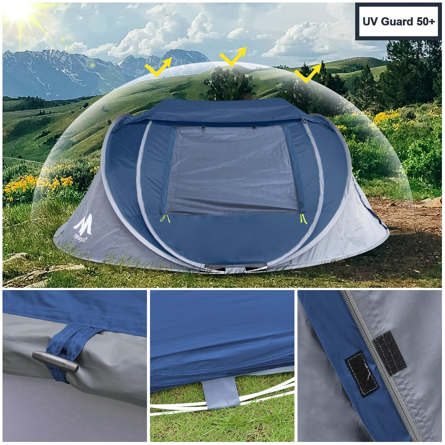 Zelt 3-4 Personen Pop Up Wurfzelt mit Große Dachfenster, Strandmuschel Automatik 4 Mann Zelte Wasserdicht Strandzelt Festivalzelt Schnellaufbauzelt für Outdoor Camping Picknick Wandern