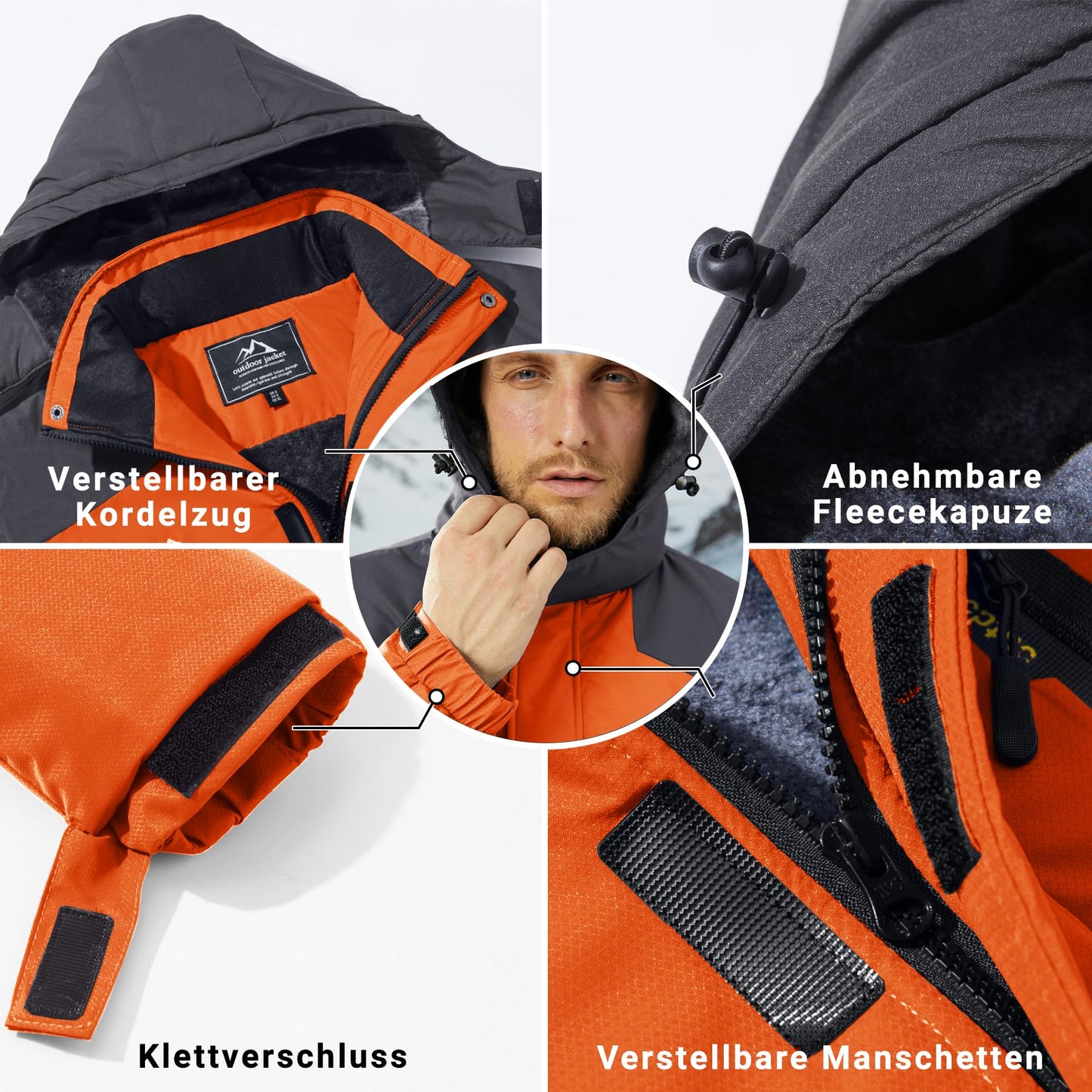 KEFITEVD Herren Skijacke Atmungsaktiv Warm Gefüttert Winterjacke mit Abnehmbarer Kapuze Snowboardjacke Wasserdicht Outdoorjacke