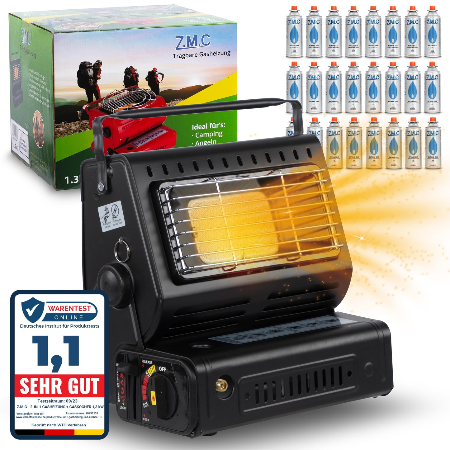 Z.M.C 2-in-1 Tragbare Keramik Gasheizung und Gaskocher 1,3 kW, mit LPG Anschluss + 4 Gaskartuschen, Campingkocher mit Piezozündung, Camping Heizung, Gasheizer für Indoor, Outdoor, Zelten Wohnwagen