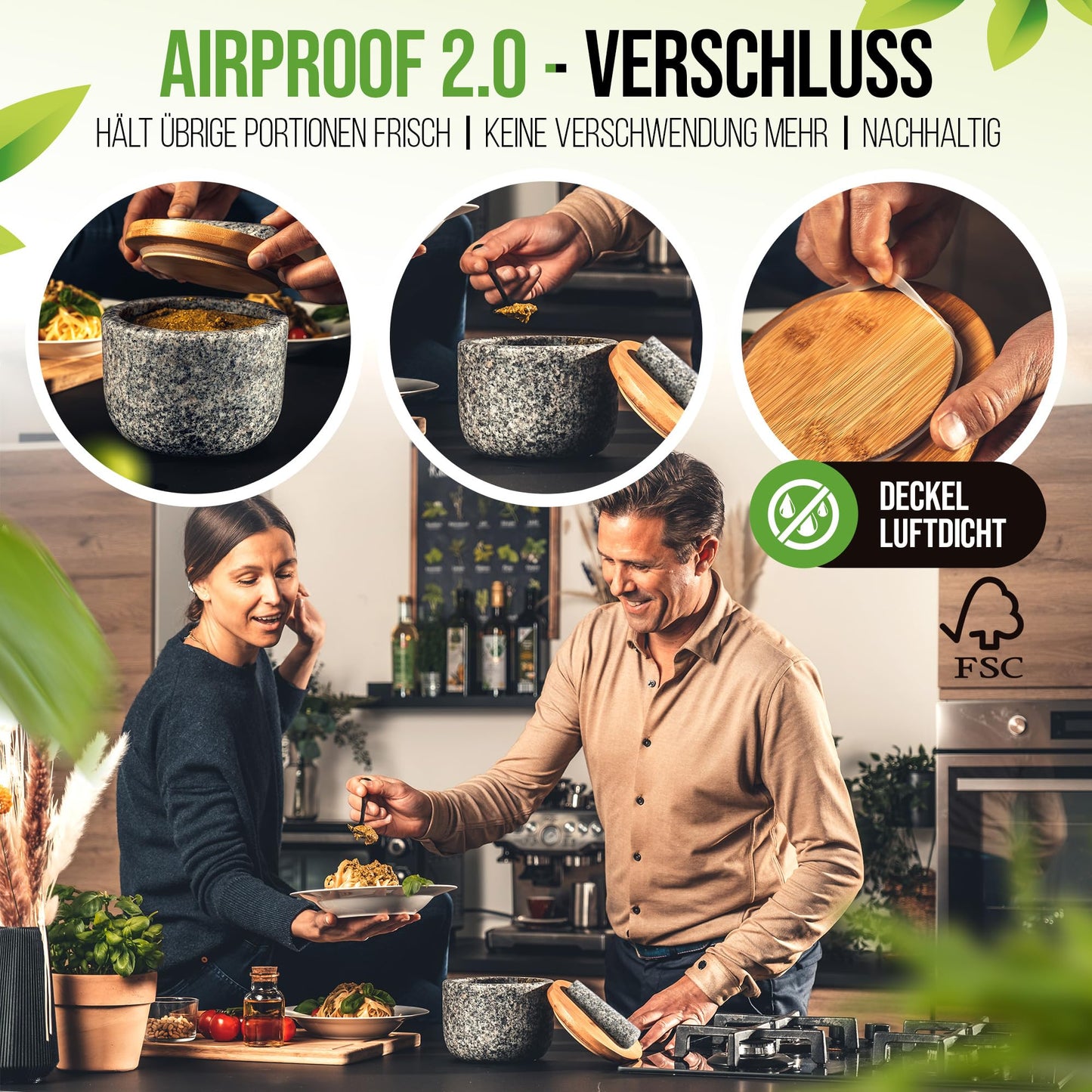 NATURSCHMIED Mörser mit Stößel & Deckel - AirProof 2.0 Verschluss + SolidStand Pad | 750 ml - Hellgrauer Premium Granit Mörser - Gewürze und Kräuter mörsern - ohne Abrieb