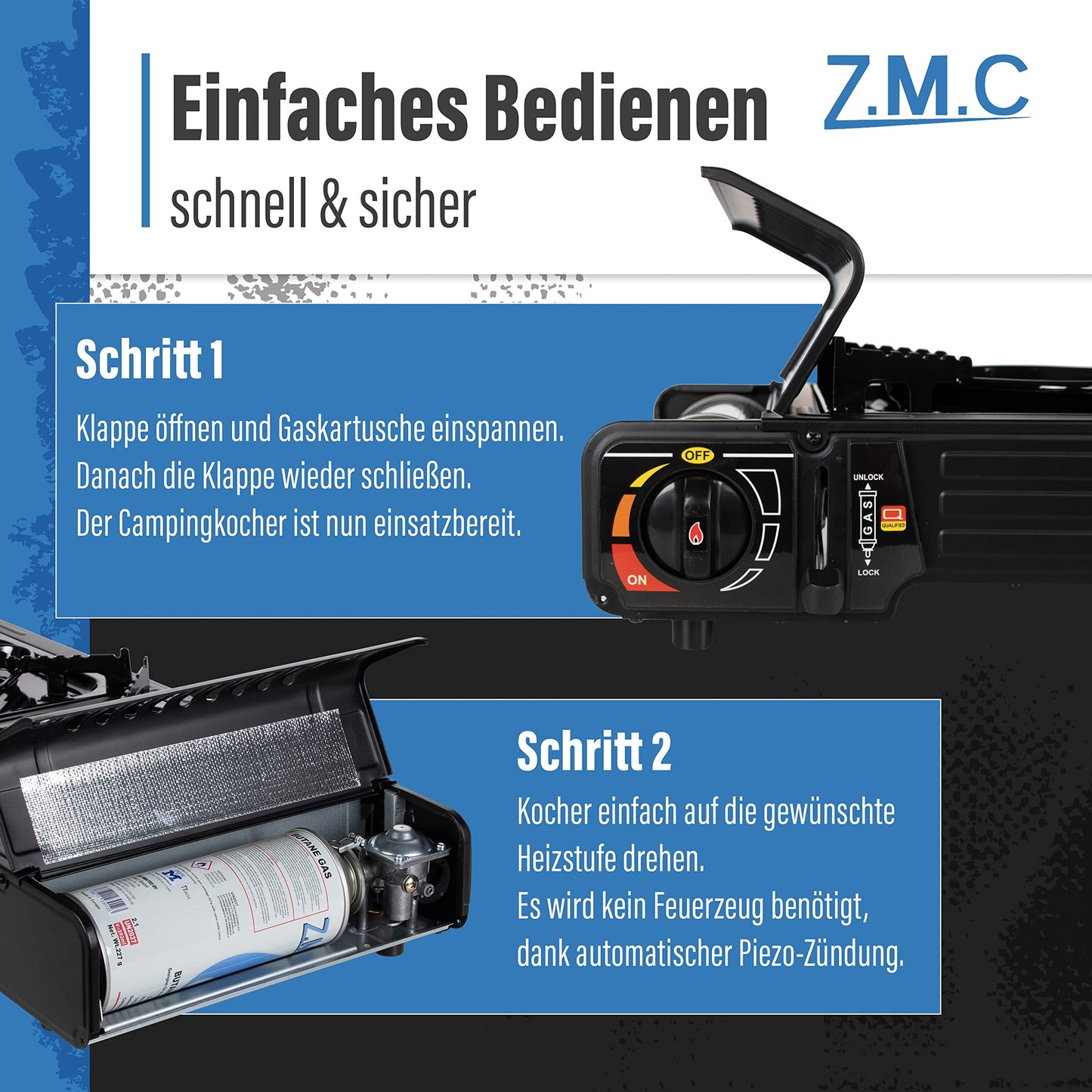 Z.M.C PREMIUM Camping Gaskocher 2-flammig + Grillplatte 45x24 cm + 8 Gaskartuschen 227g, Campingkocher mit Zündsicherung für Outdoor und Innenraum, Balkon Doppelgaskocher mit Piezozündung