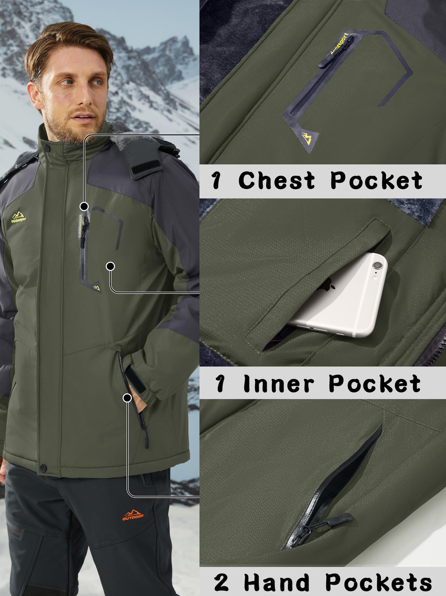 KEFITEVD Herren Skijacke Atmungsaktiv Warm Gefüttert Winterjacke mit Abnehmbarer Kapuze Snowboardjacke Wasserdicht Outdoorjacke